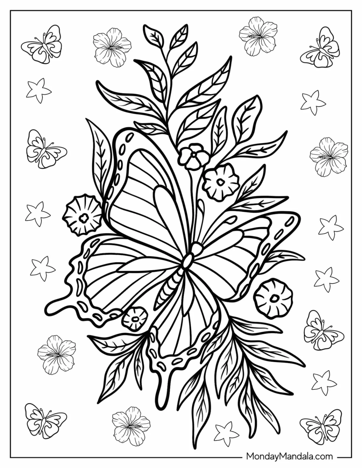 Swallowtail Butterfly Coloring Page Perched On Flowers And Leaves coloring page