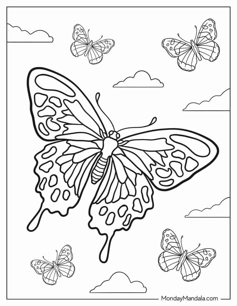 Swallowtail Butterfly With Other Butterflies To Color coloring page — printable line art