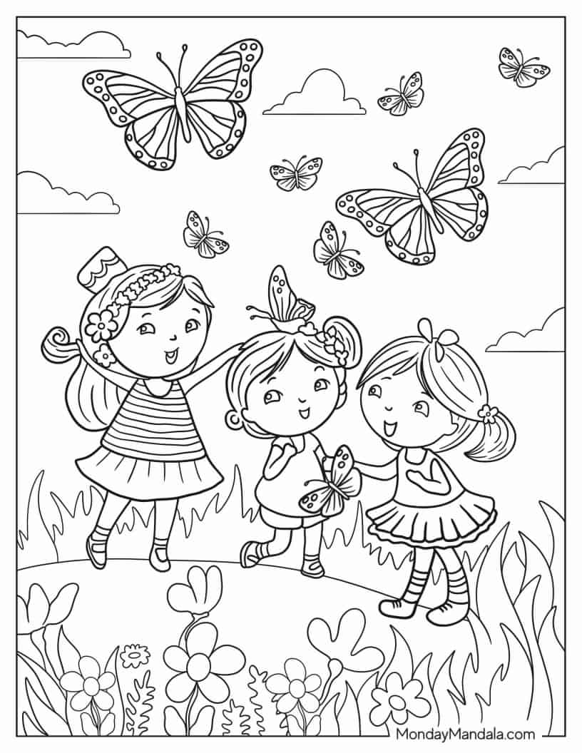Three Children Enjoying The Butterflies coloring page — printable line art