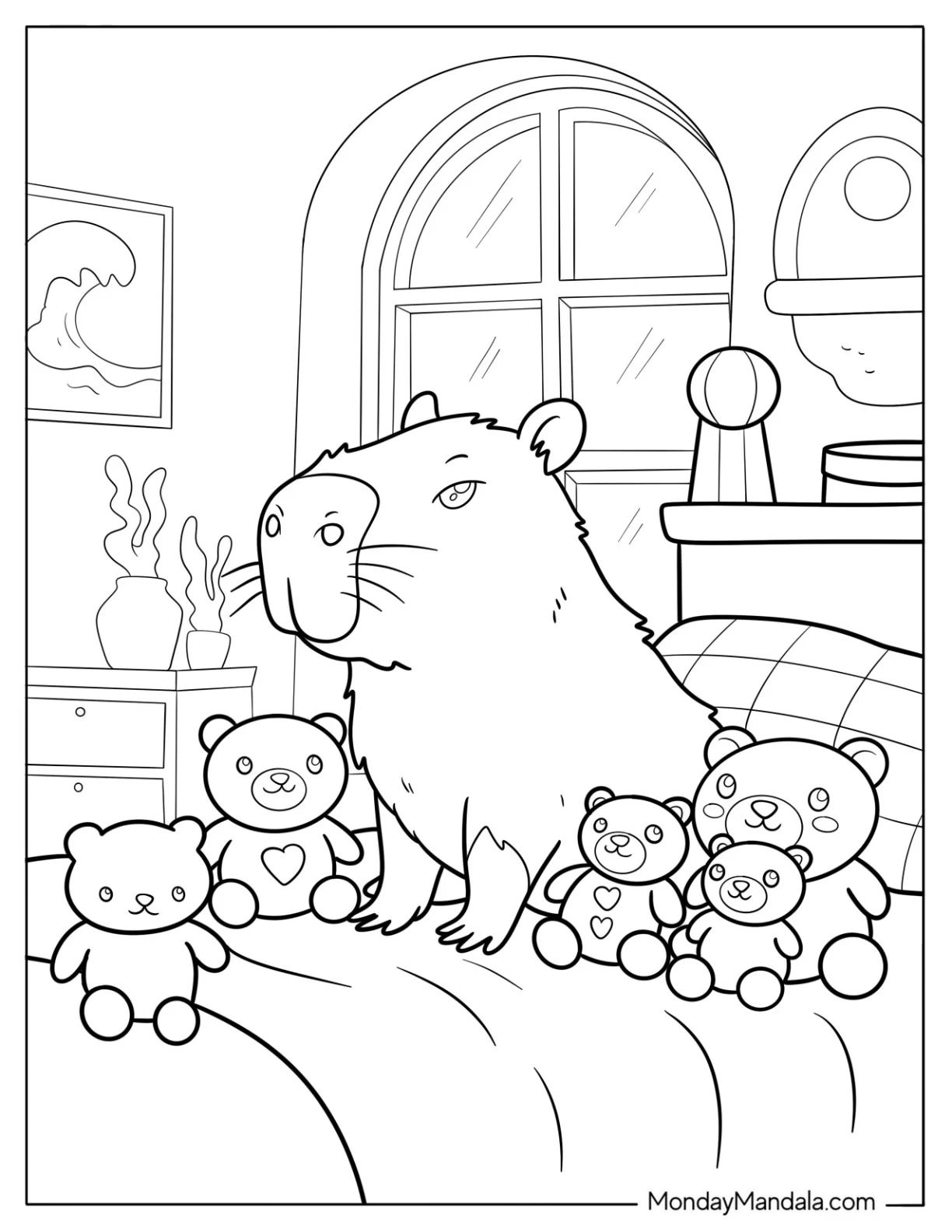 Adorable Capybara Coloring Page Surrounded by Stuffed Animals in Cozy Bedroom for Kids coloring page