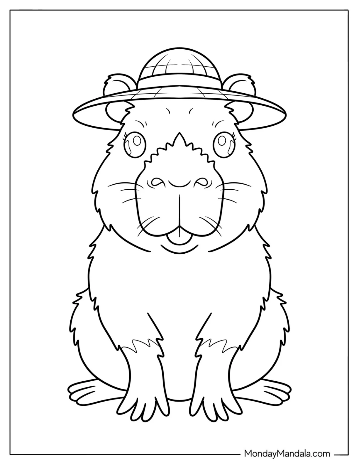 Adventurous Capybara Coloring Page in Safari Hat Ready to Explore for Preschoolers coloring page