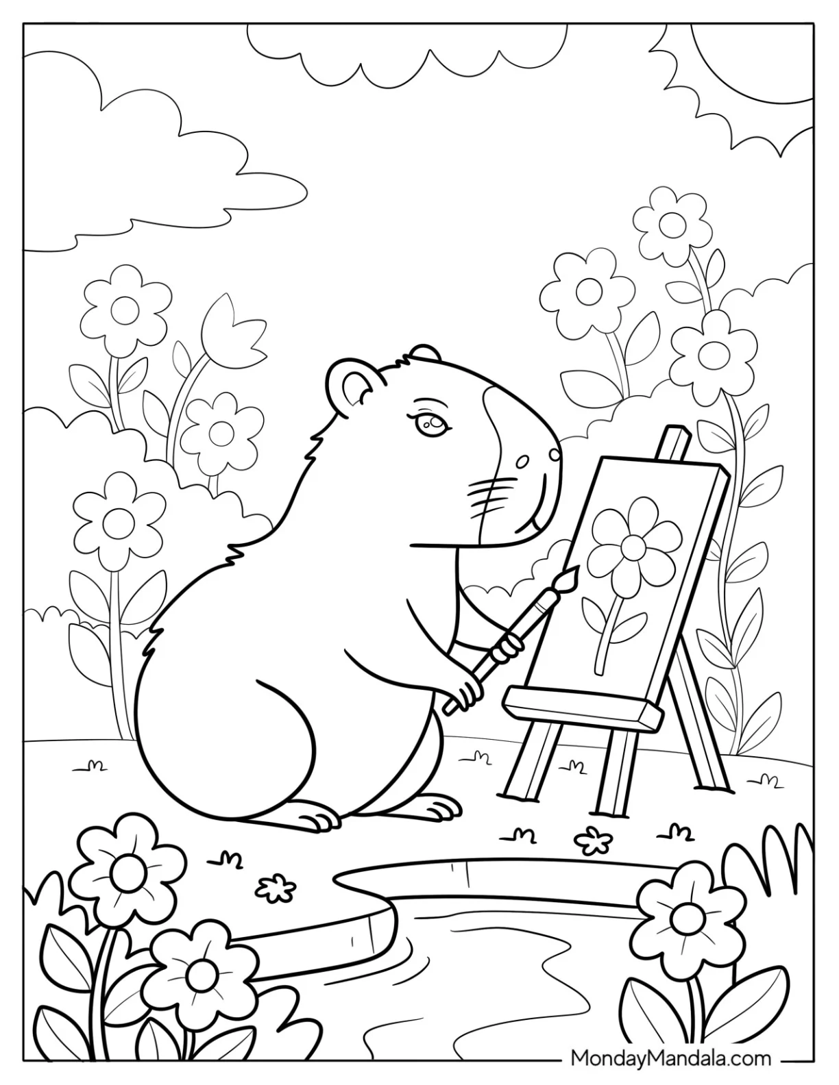 Artistic Capybara Coloring Page Painting Flowers by the Pond for Kids coloring page