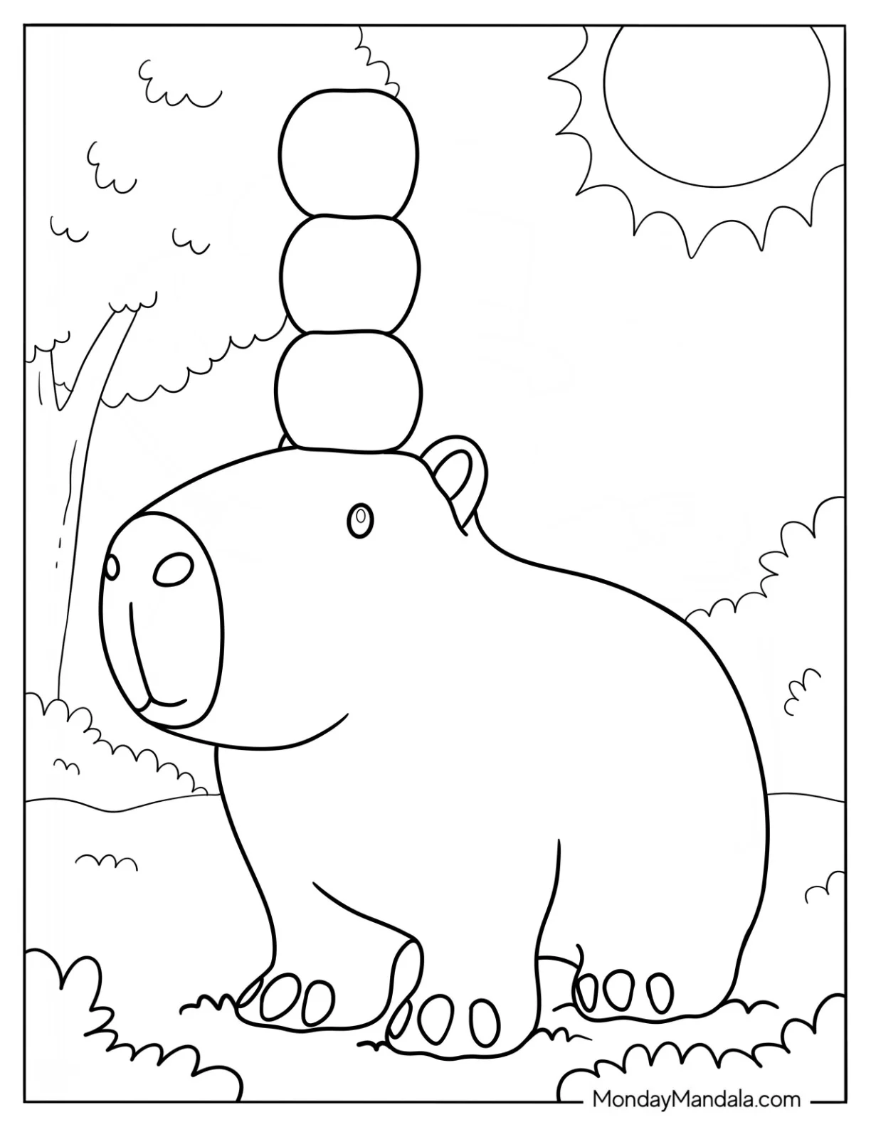 Baby Capybara Coloring Page Balancing Three Apples On Its Head For Kids coloring page — printable line art