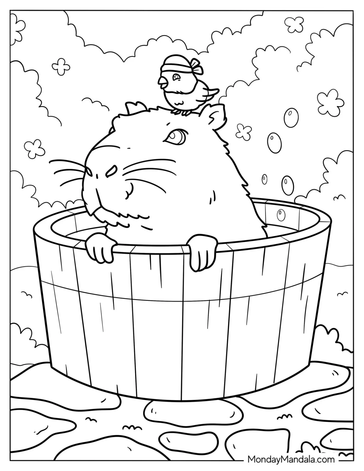 Bathing Capybara Coloring Page With Bird On Its Head coloring page — printable line art