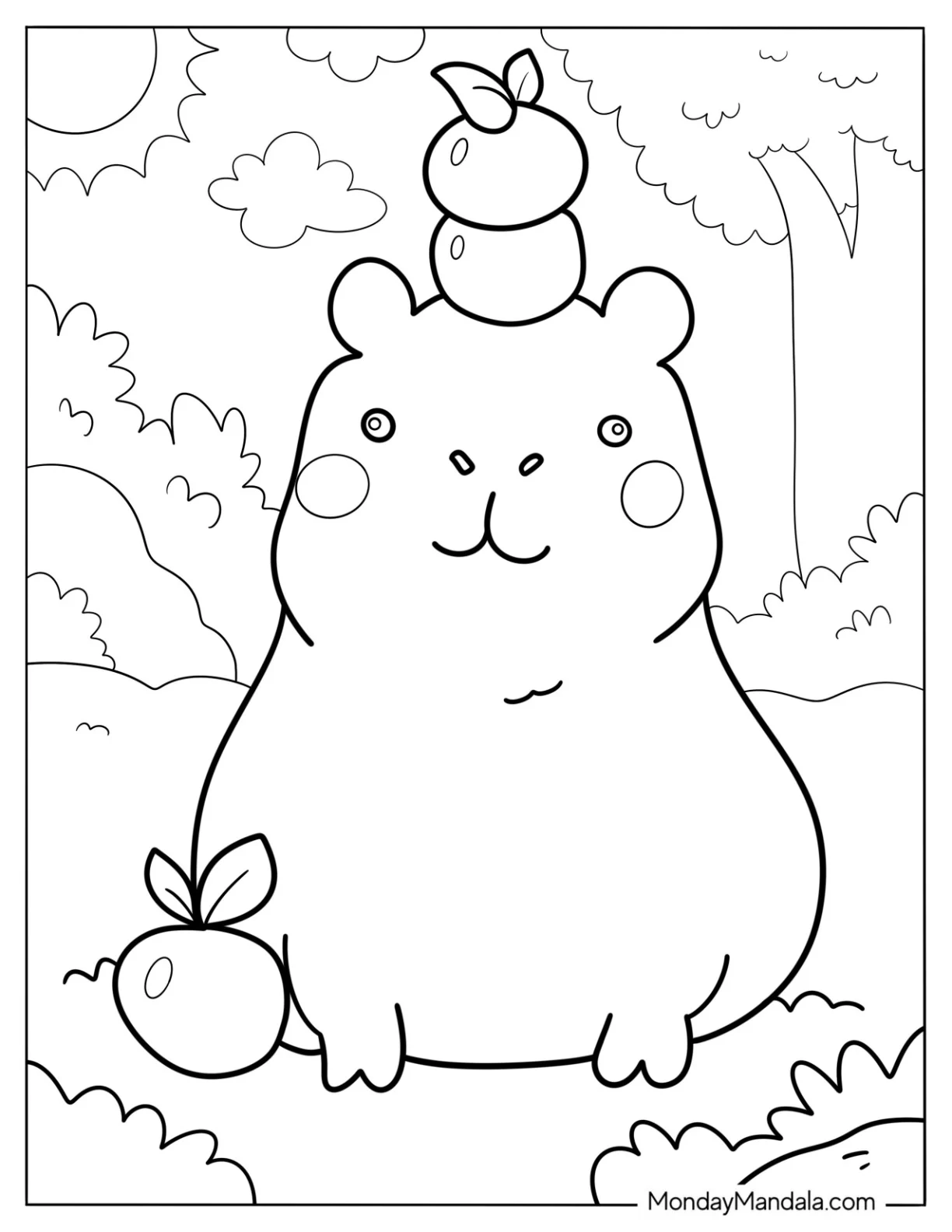 Capybara Coloring Page Balancing Apples On Its Head coloring page — printable line art