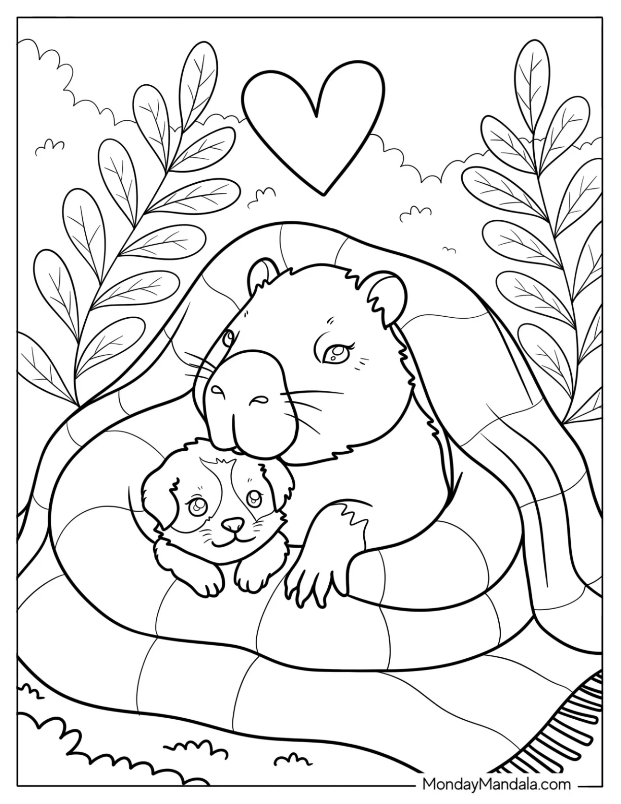 Capybara Coloring Page Cuddling with Puppy Under Blanket in Nature coloring page