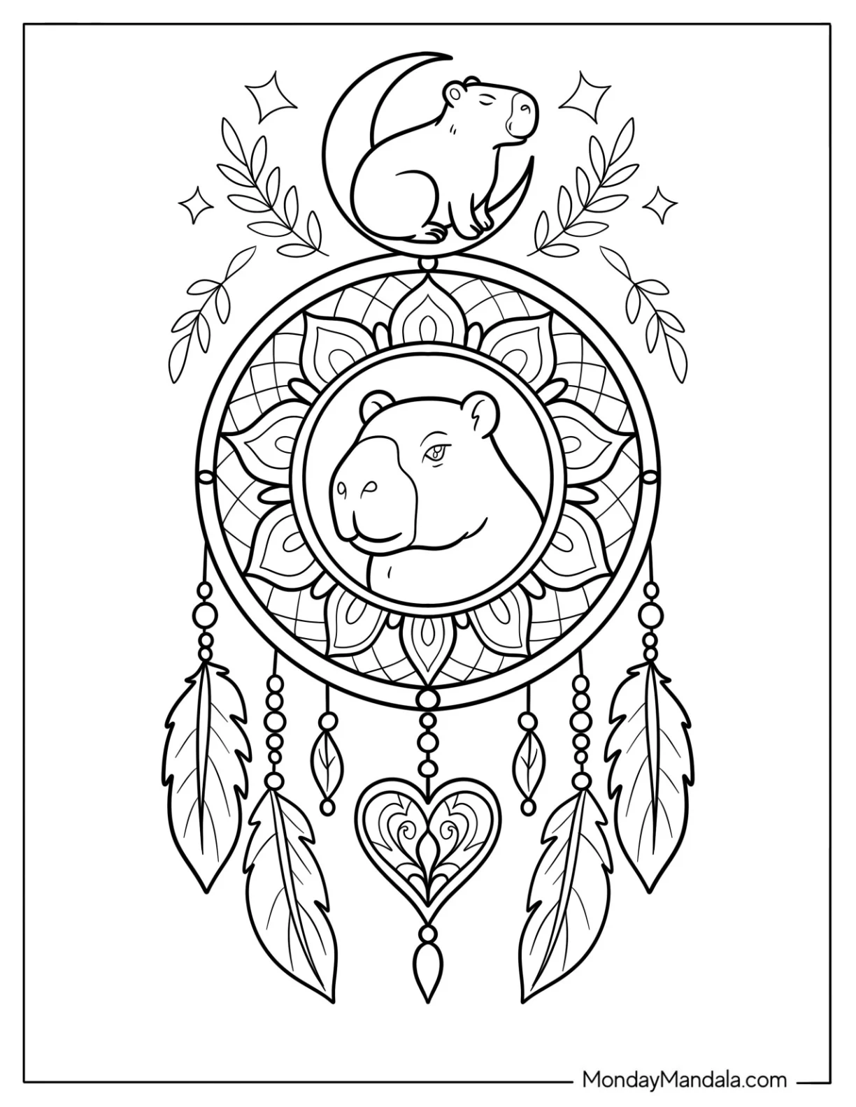 Capybara Coloring Page Dreamcatcher with Moon, Feathers, and Mandala Design coloring page