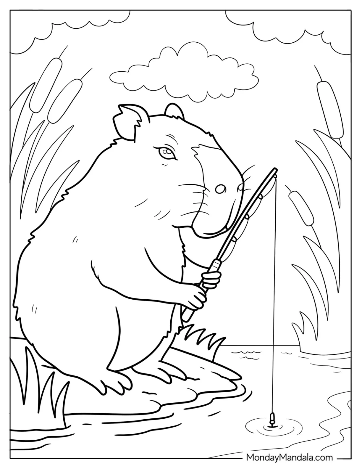 Capybara Coloring Page Fishing Quietly by the Riverbank coloring page — printable line art