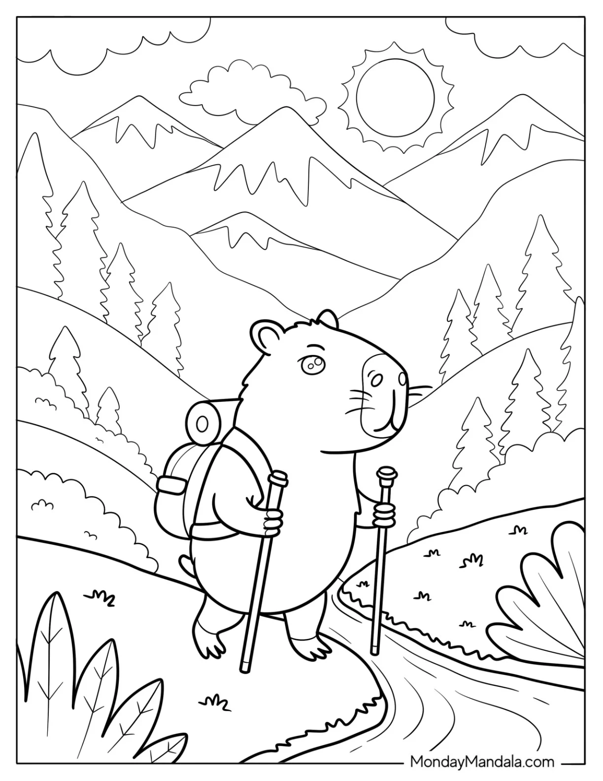 Capybara Coloring Page Hiking in the Mountains with Backpack and Walking Sticks coloring page