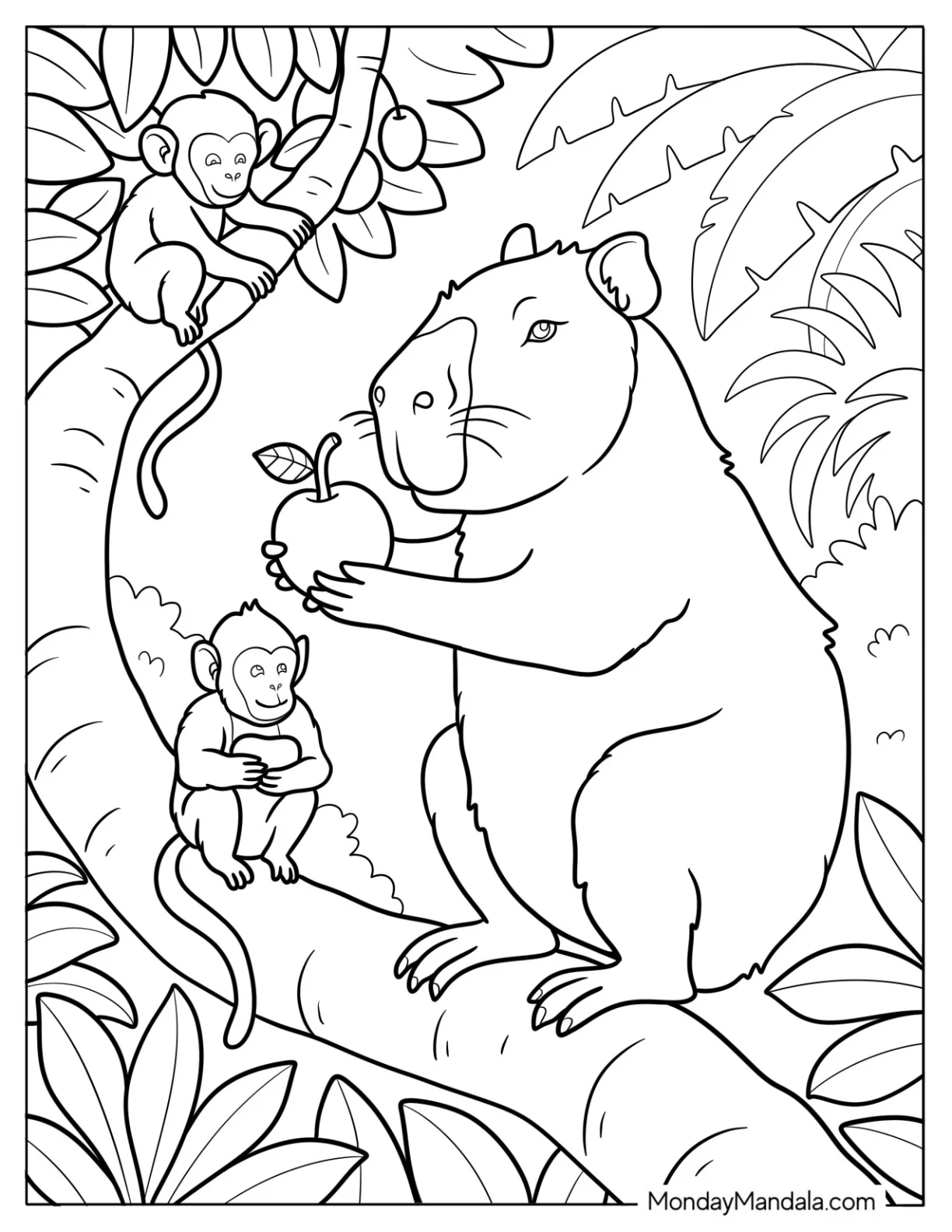 Capybara Coloring Page Holding Fruit with Monkeys in Tropical Jungle coloring page