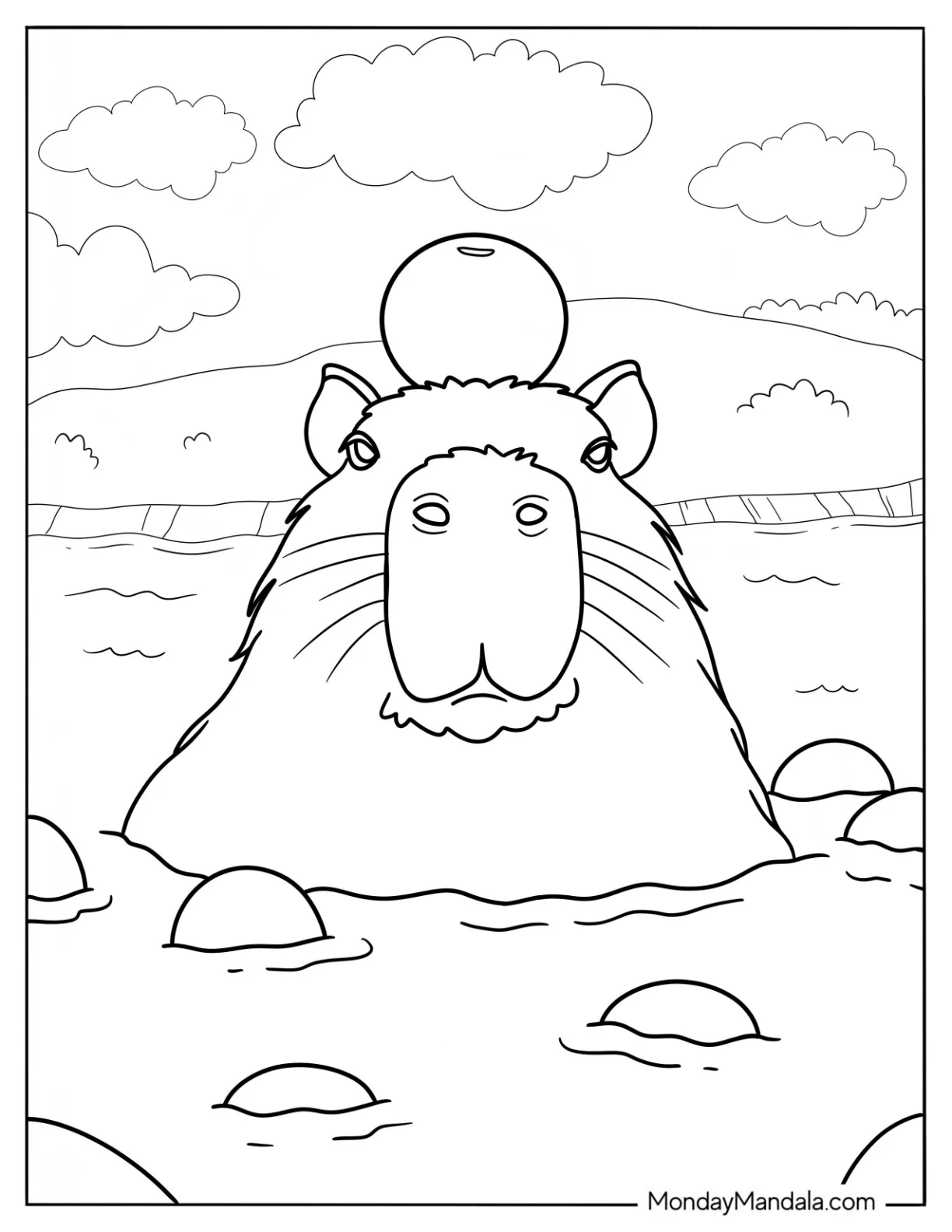 Capybara Coloring Page In The Water Balancing A Fruit On Its Head coloring page