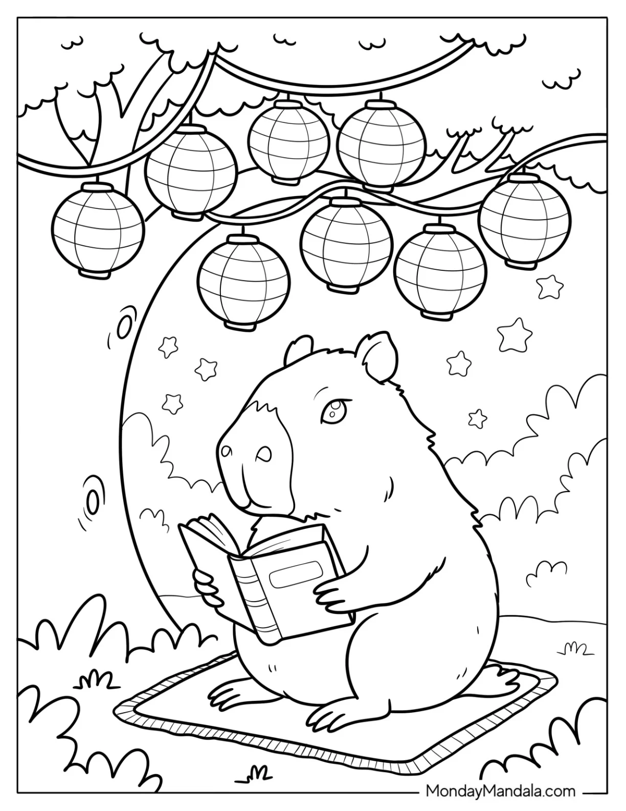 Capybara Coloring Page Reading Under Lanterns and Stars at Night coloring page