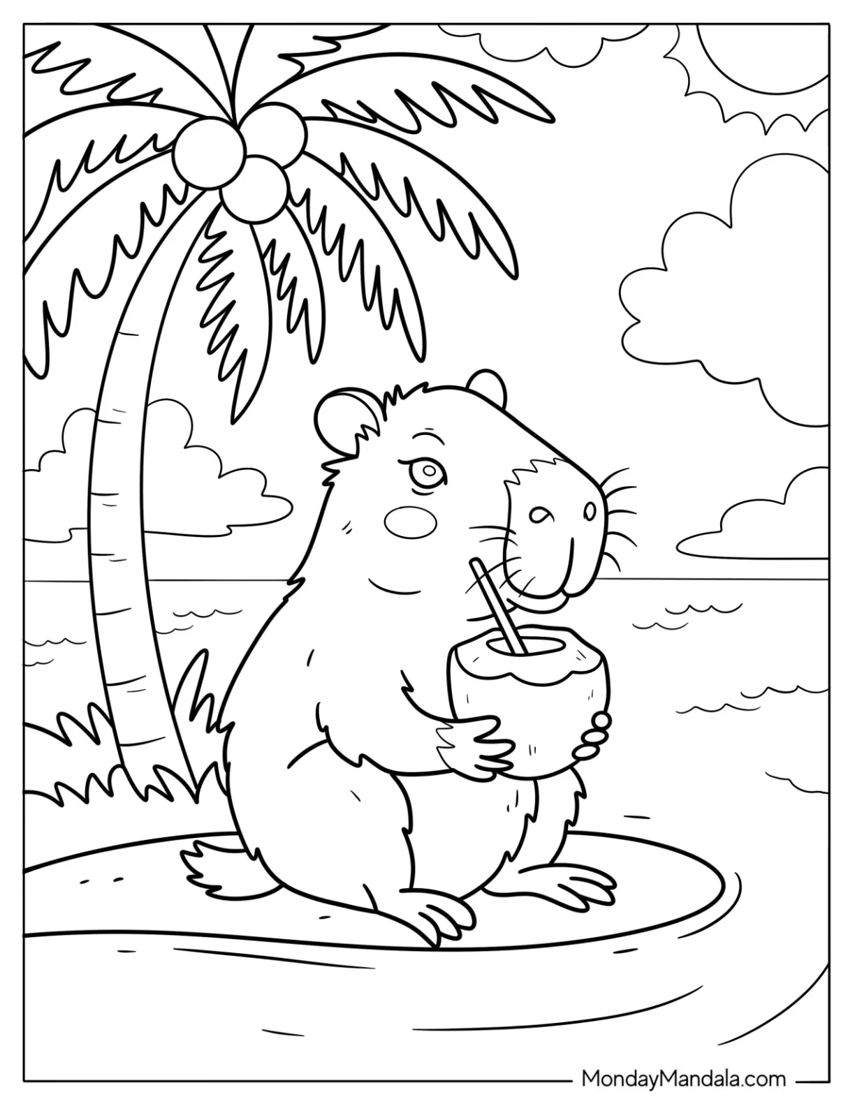 Capybara Coloring Page Sipping Coconut Drink on Tropical Island coloring page — printable line art