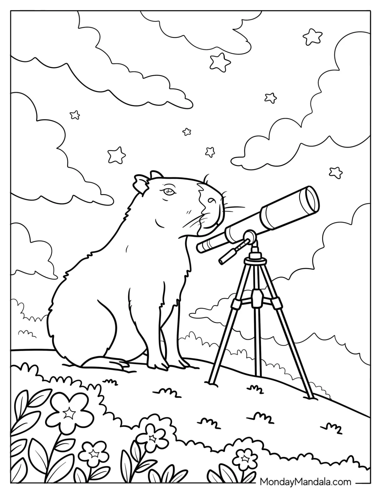 Capybara Coloring Page Stargazing with Telescope on Starry Hilltop coloring page — printable line art