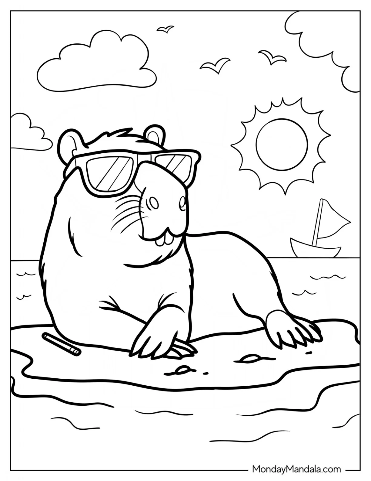 Capybara Coloring Page Sunbathing At Beach coloring page — printable line art