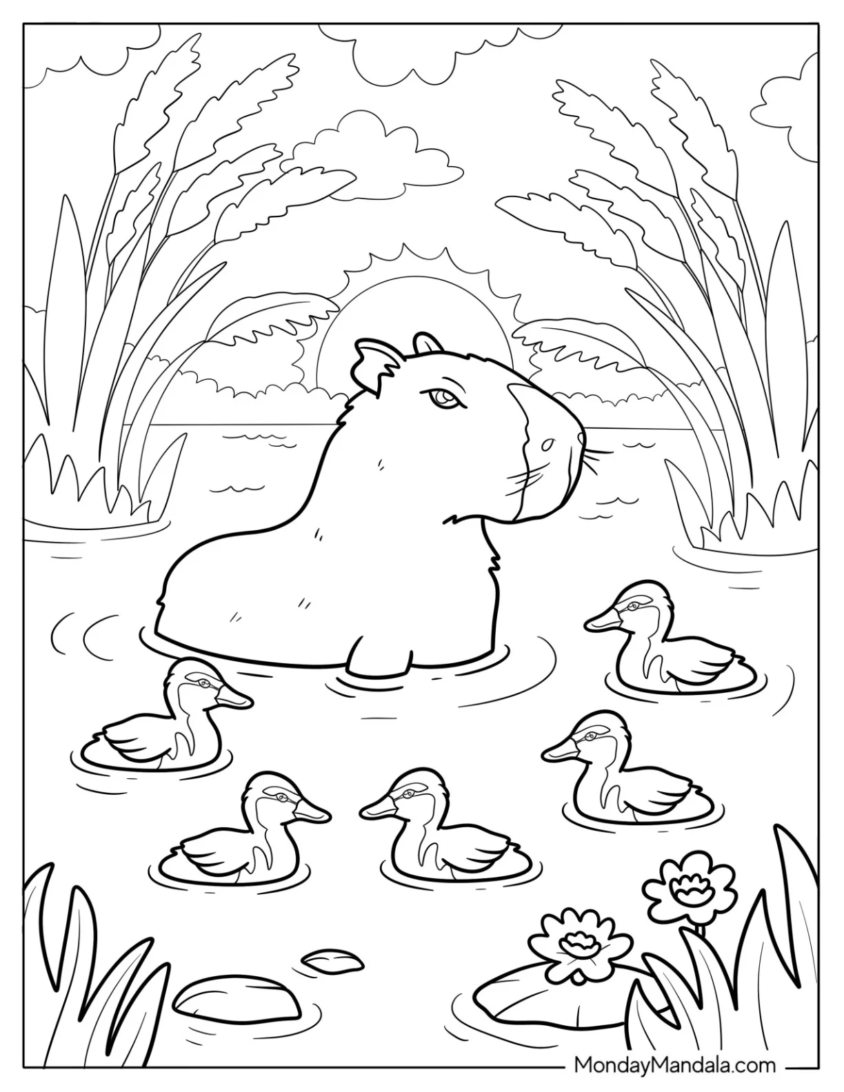 Capybara Coloring Page Swimming Peacefully with Ducklings at Sunrise for Kids coloring page — printable line art
