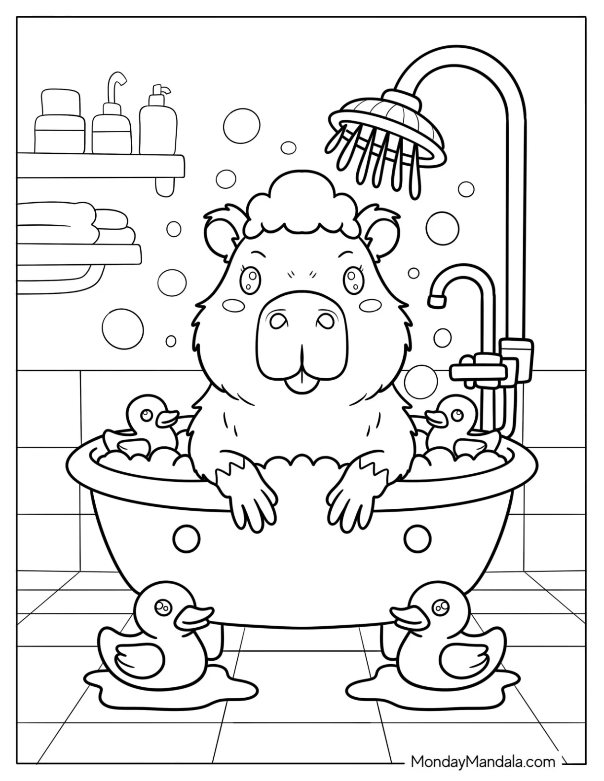 Capybara Coloring Page Taking a Bubble Bath with Rubber Duckies for Kids coloring page — printable line art