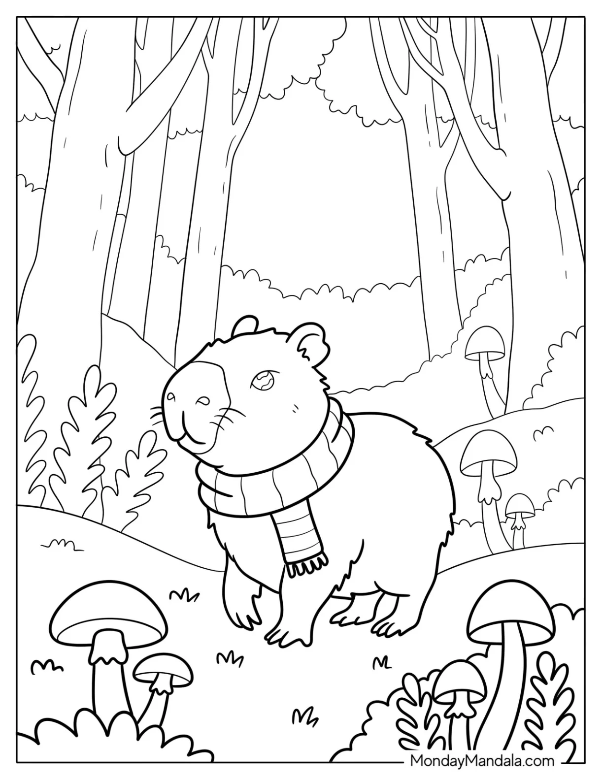 Capybara Coloring Page Wearing Scarf on Autumn Forest Walk for Kids coloring page