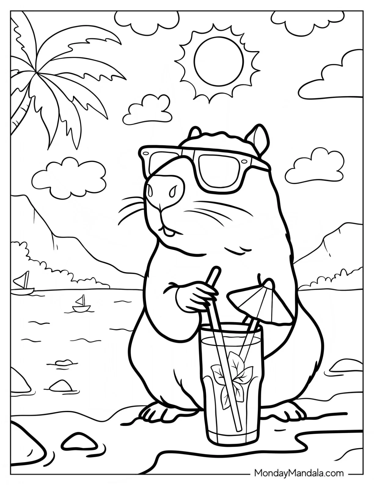 Capybara Coloring Page Wearing Sunglasses And Drinking Lemonade coloring page