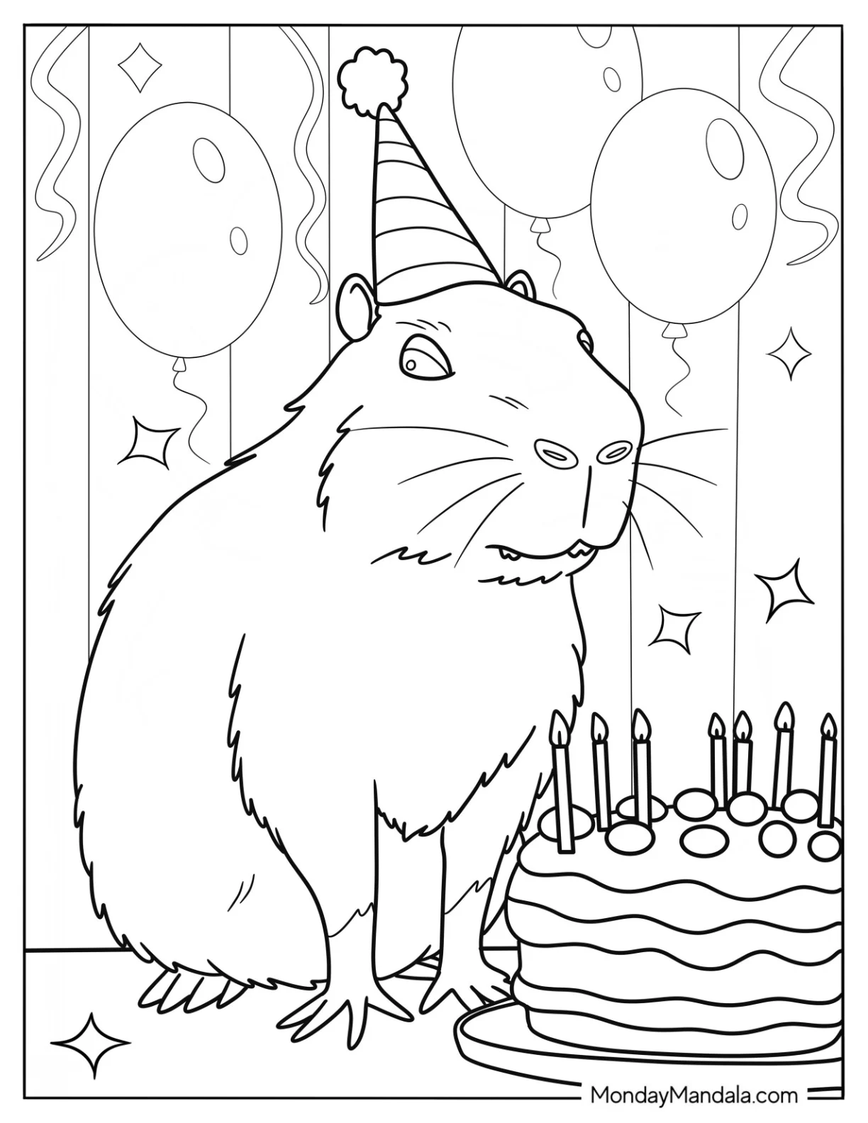 Capybara Coloring Page With A Birthday Hat Blowing Candles For Kids coloring page — printable line art