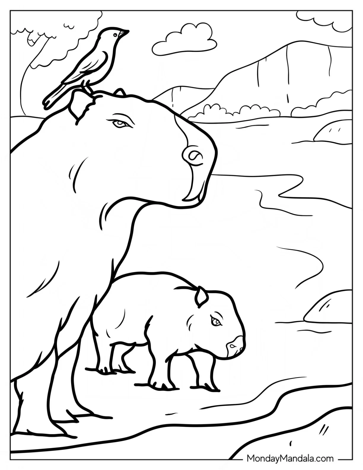 Capybara Coloring Page With Bird On Its Head coloring page