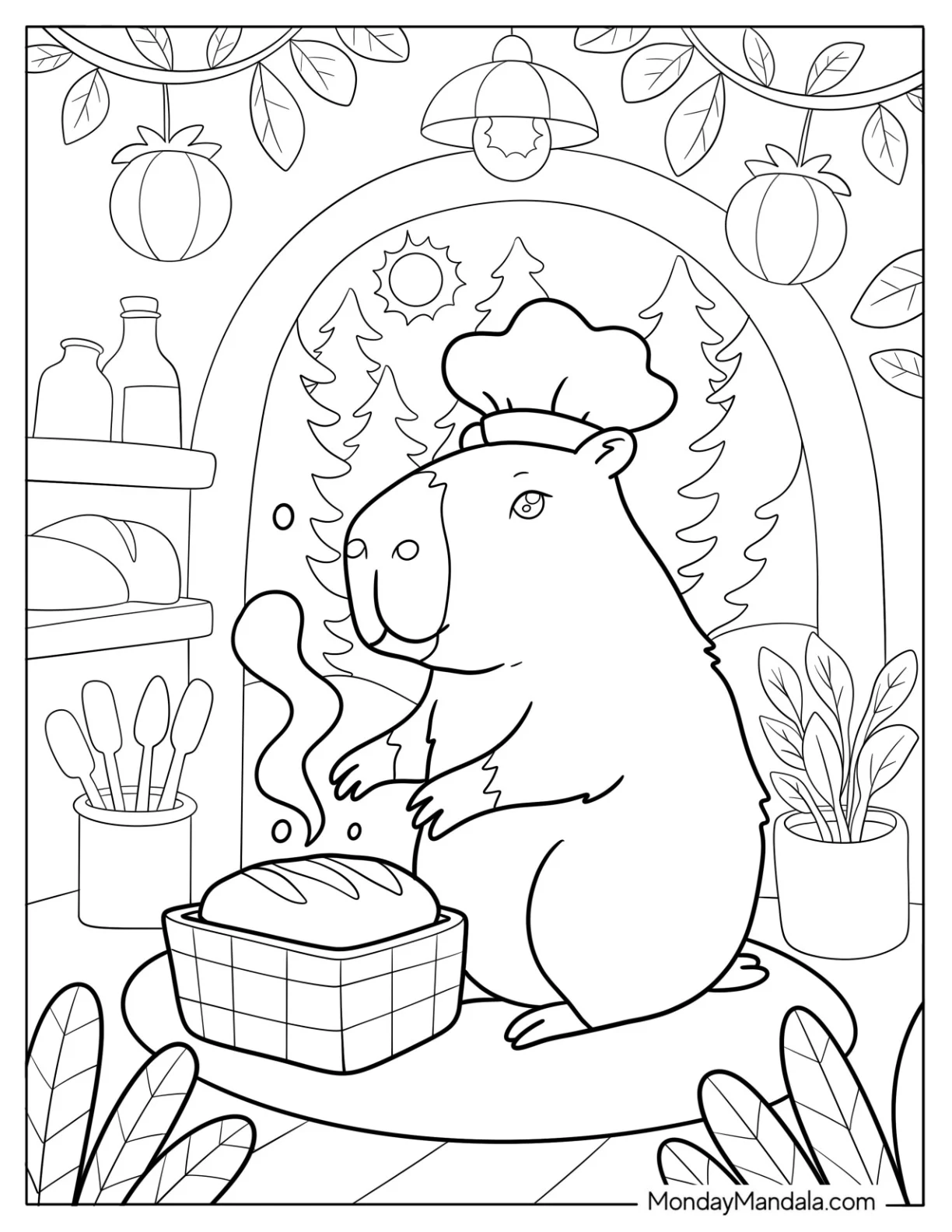 Chef Capybara Coloring Page Baking Bread in Rustic Kitchen Surrounded by Plants coloring page — printable line art