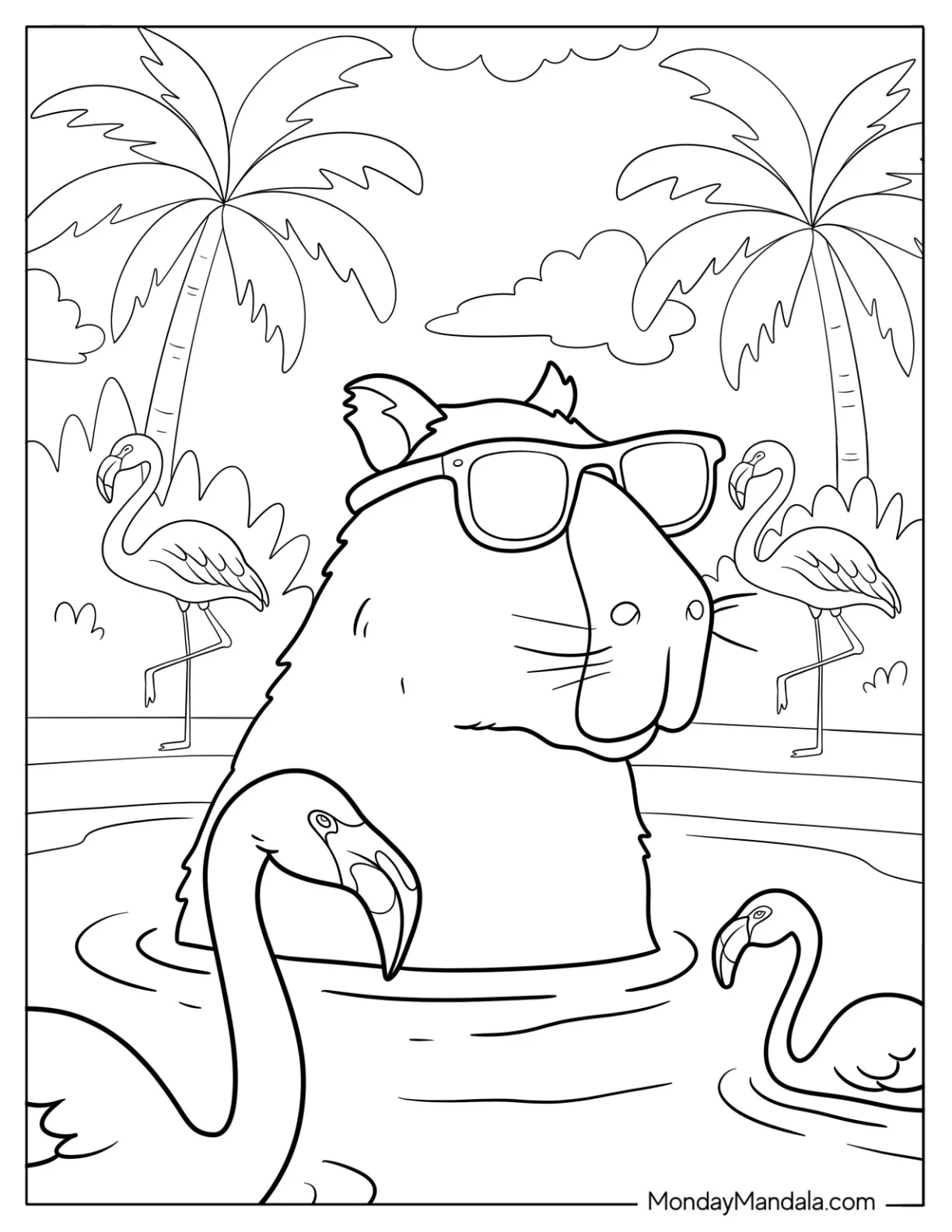 Cool Capybara Coloring Page in Sunglasses Relaxing with Flamingos for Kids coloring page — printable line art