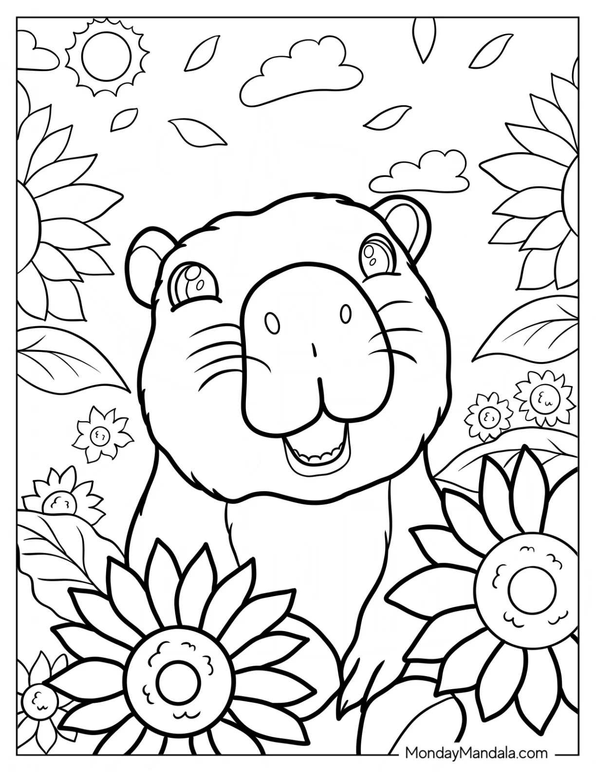 Cute Capybara Coloring Page With Flowers For Kids coloring page — printable line art