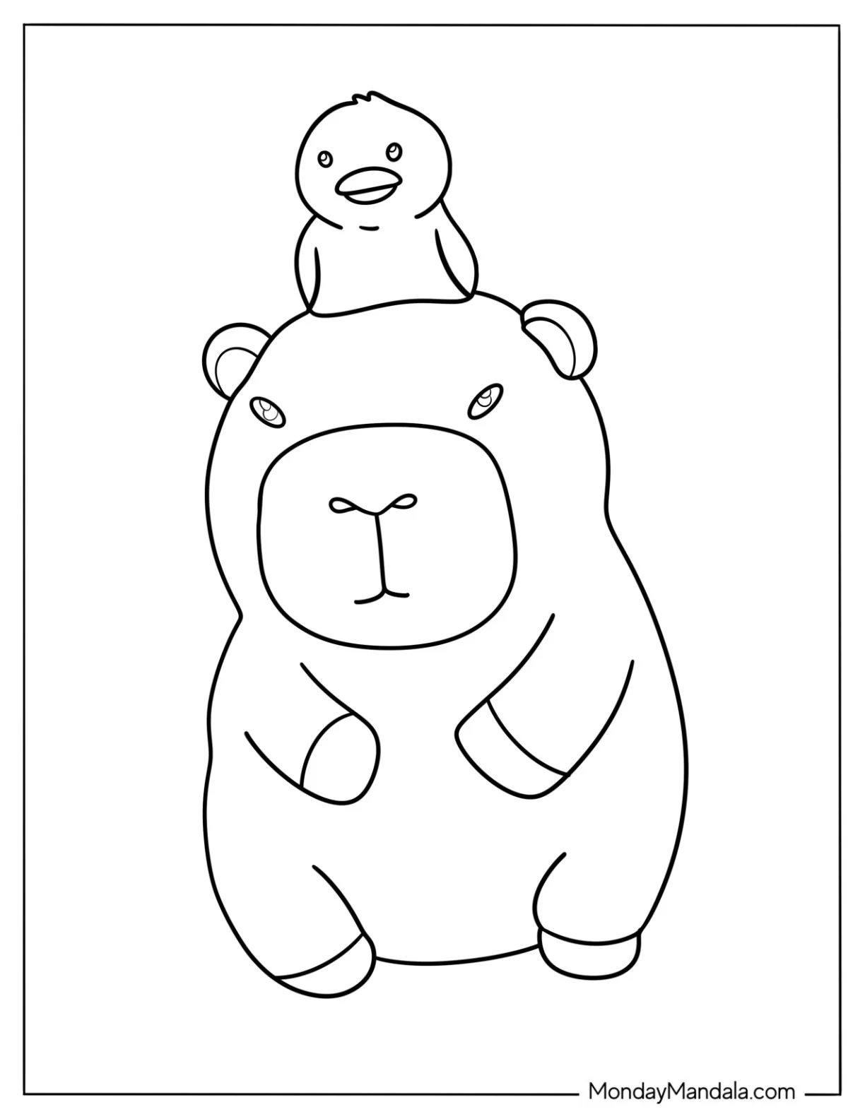 Easy Cute Capybara Coloring Page With An Apple On Its Head coloring page — printable line art