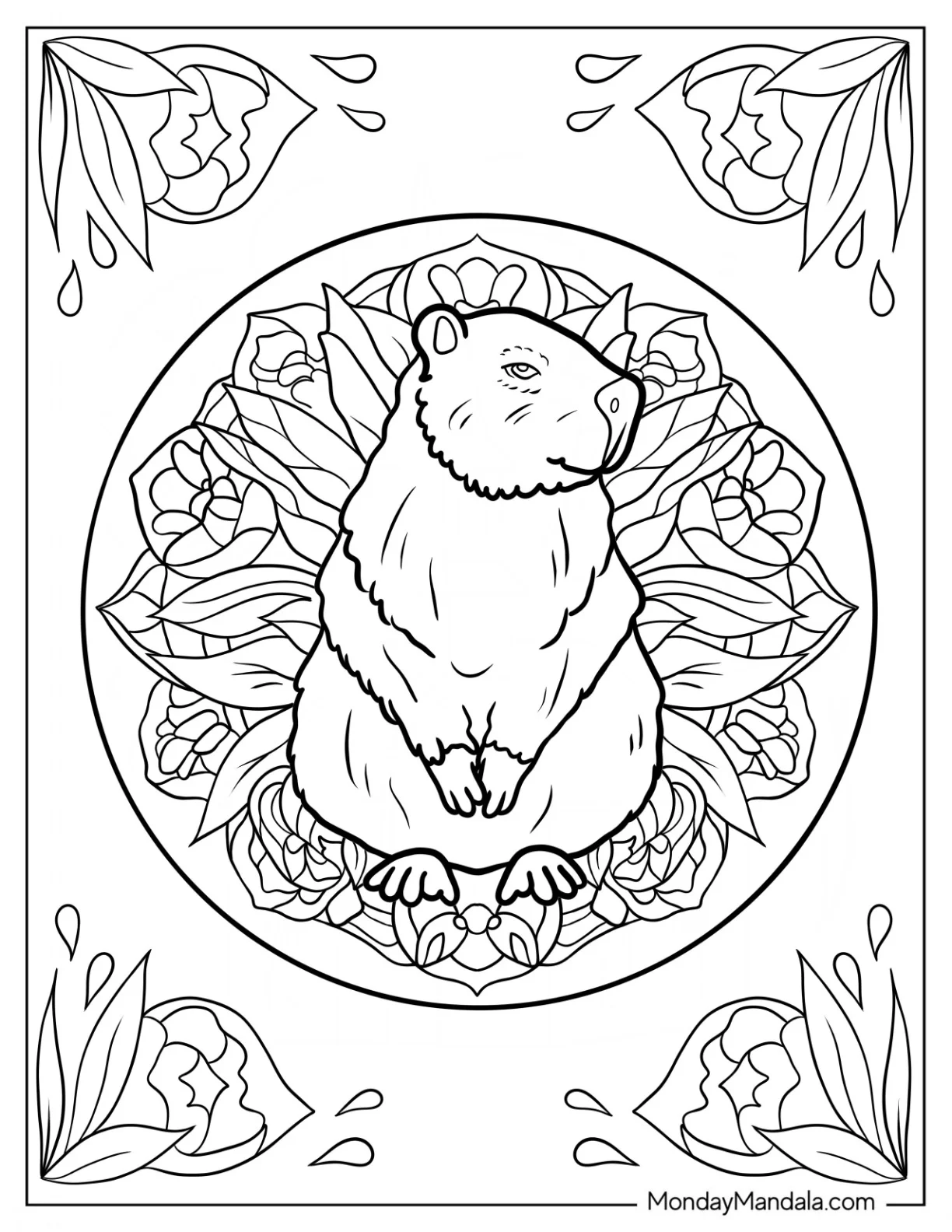 Fluffy Capybara Coloring Page Inside Flower Mandala coloring page — printable line art