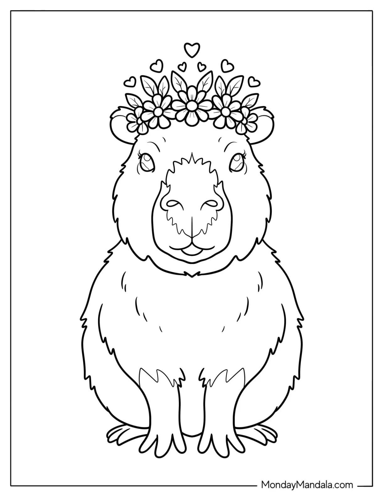 Furry Capybara Coloring Page with Flower Crown and Hearts for Kids coloring page