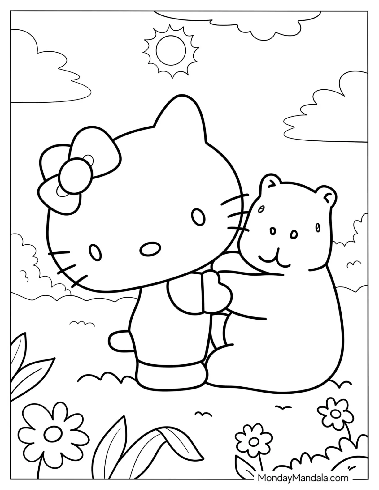 Hello Kitty Hugging A Capybara Coloring Page For Kids coloring page — printable line art
