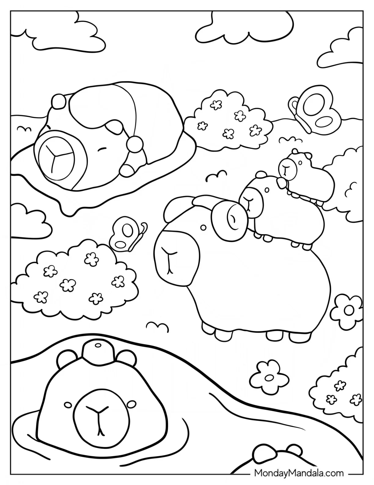 Kawaii Capybara Coloring Page Resting In Garden For Kids coloring page — printable line art