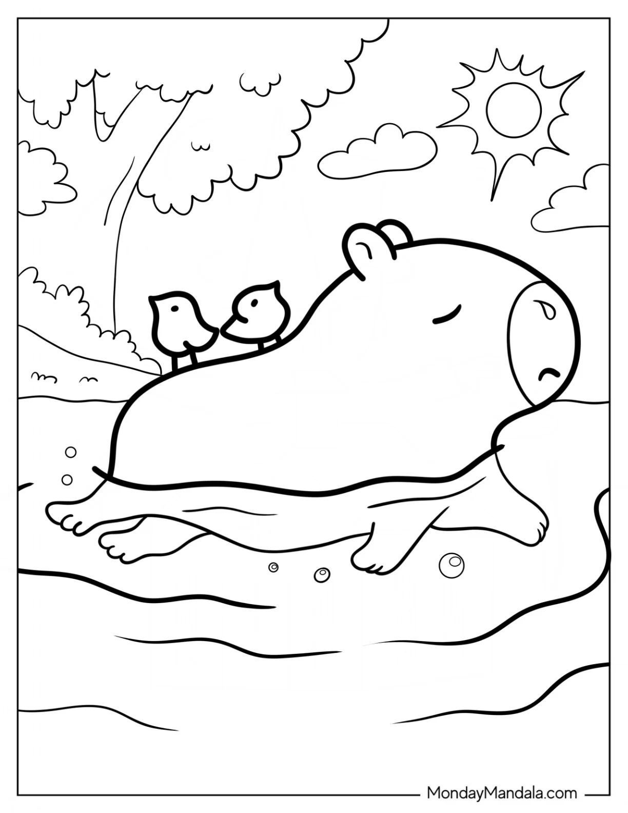 Kawaii Capybara Coloring Page Swimming With Birds For Kids coloring page — printable line art