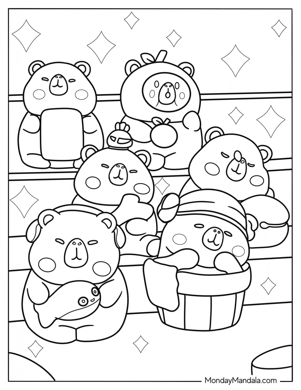 Kawaii Chibi Capybara Coloring Page Napping For Kids coloring page — printable line art