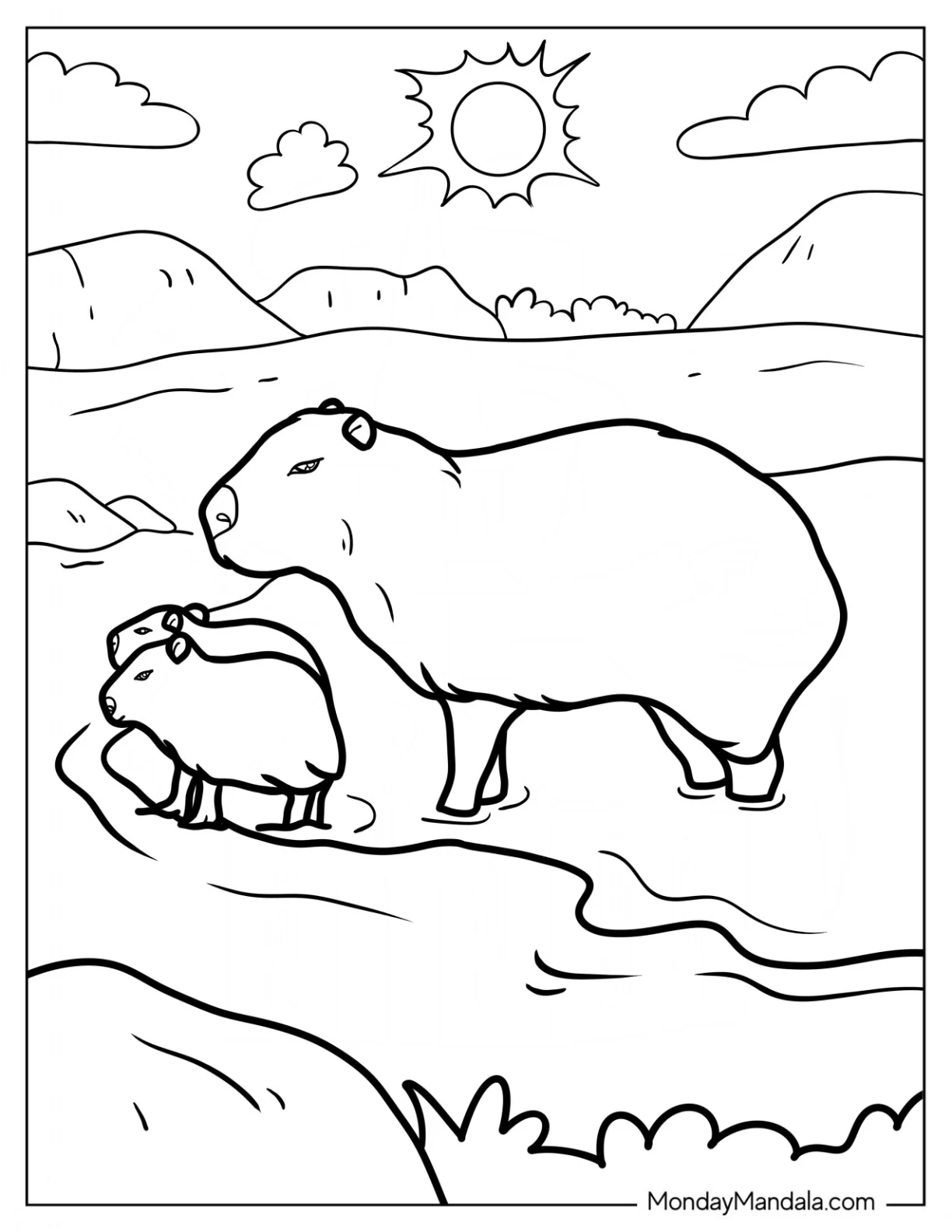 Mama Capybara Coloring Page With Babies In The Water coloring page — printable line art