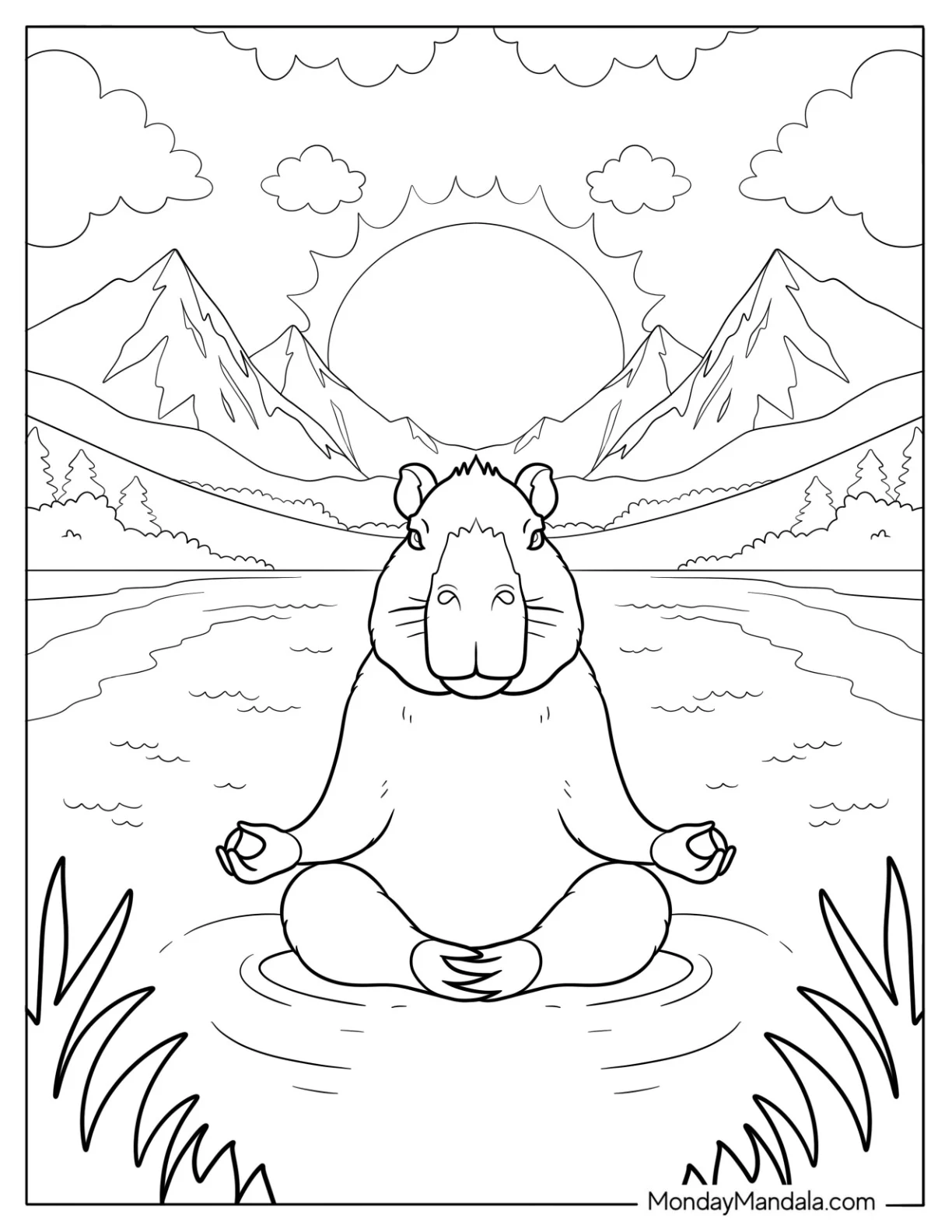 Meditating Capybara Coloring Page in Mountain Lake at Sunrise coloring page