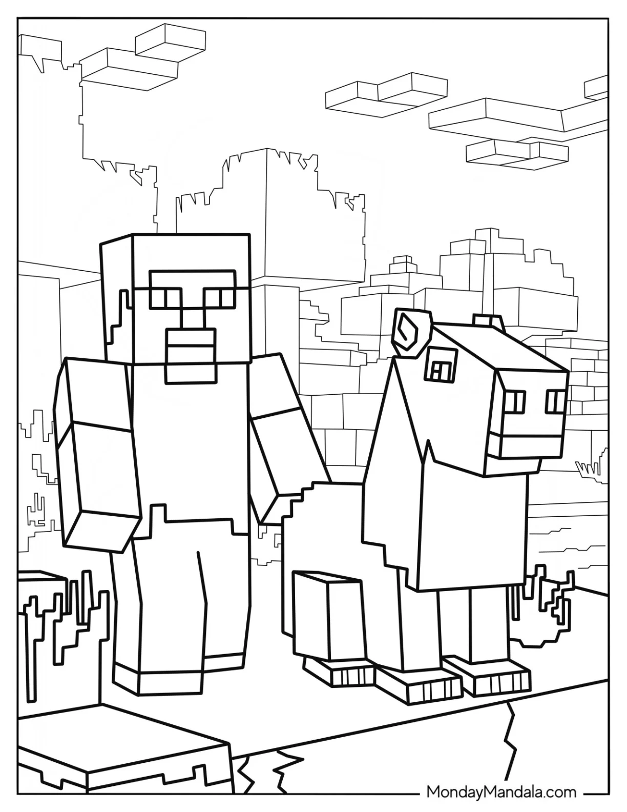 Minecraft Steve With A Capybara Coloring Page For Kids coloring page — printable line art