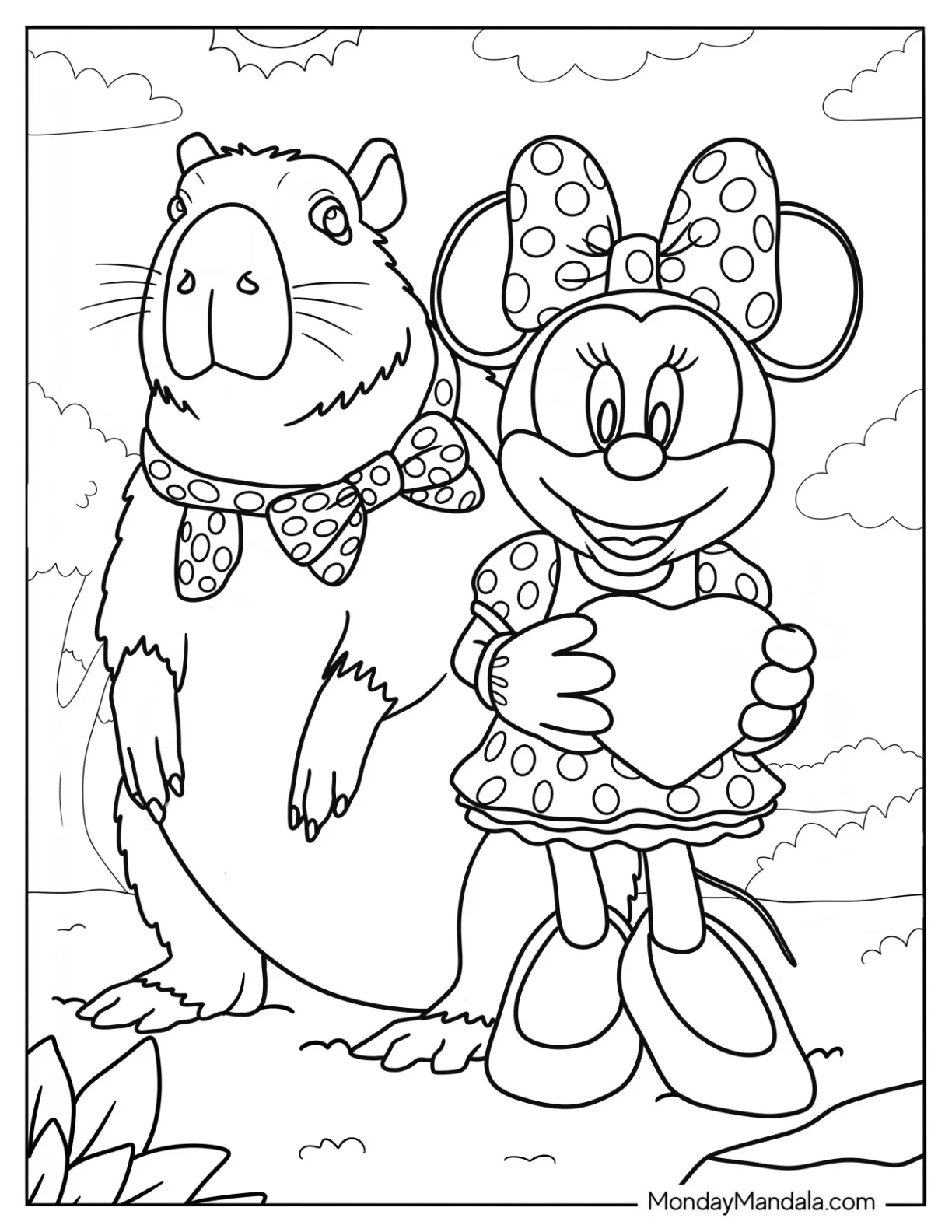 Minnie Mouse With A Capybara Coloring Page Wearing Matching Bows coloring page — printable line art