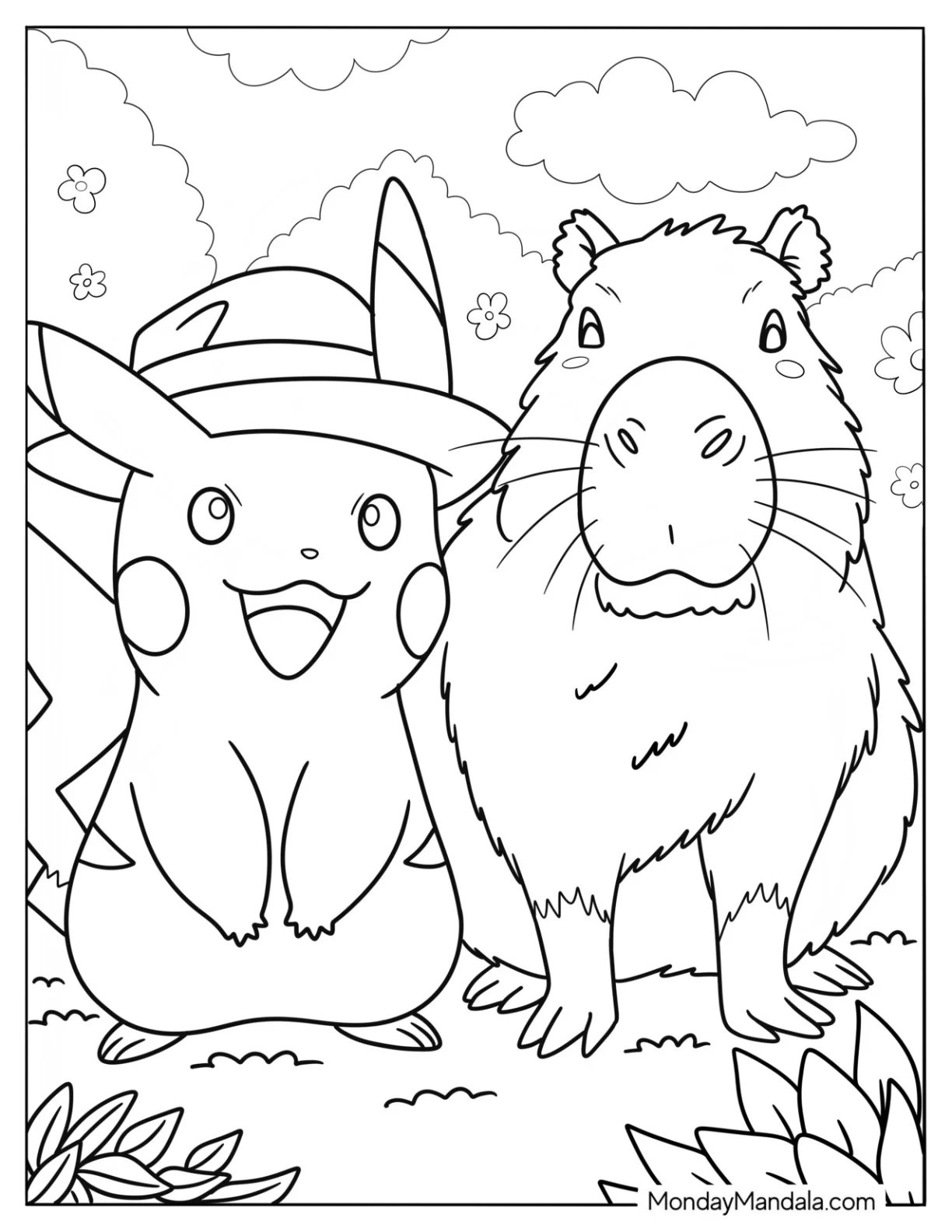 Pikachu Sitting On The Grass With A Capybara Coloring Page For Kids coloring page — printable line art