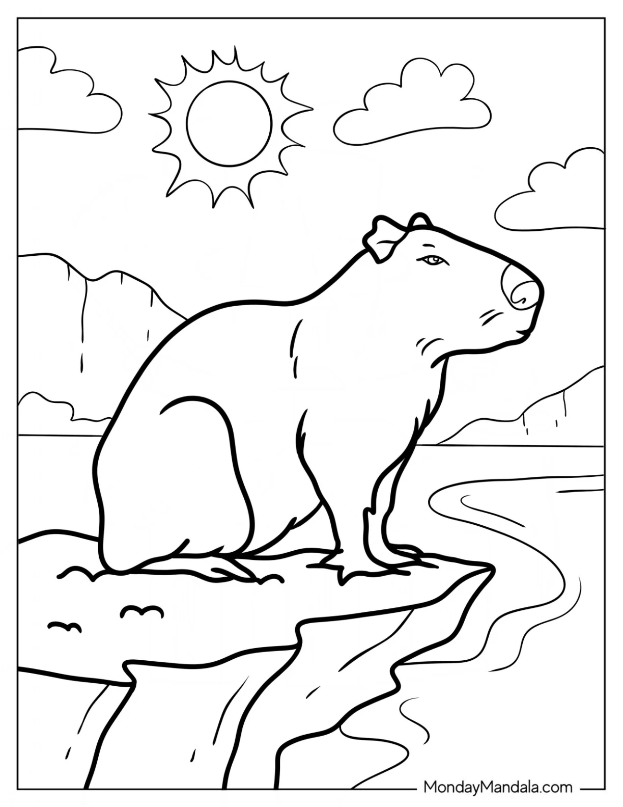 Realistic Capybara Coloring Page Standing On Cliff coloring page — printable line art