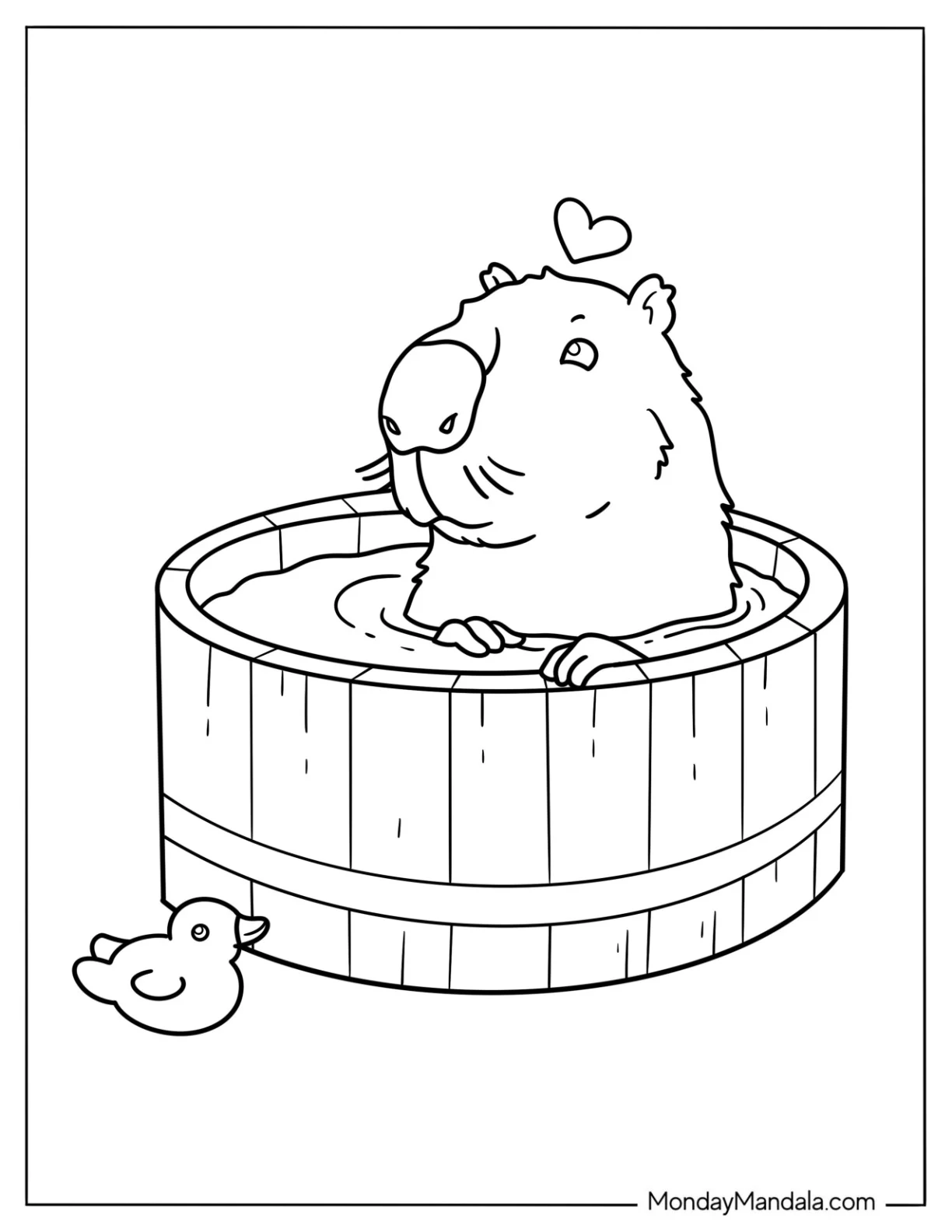 Realistic Capybara Coloring Page Taking A Bath coloring page — printable line art