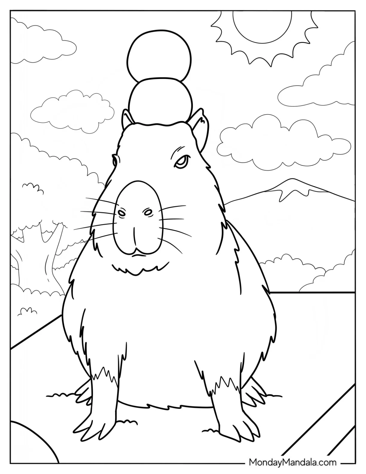 Serious Capybara Coloring Page Balancing Tangerines On Its Head coloring page
