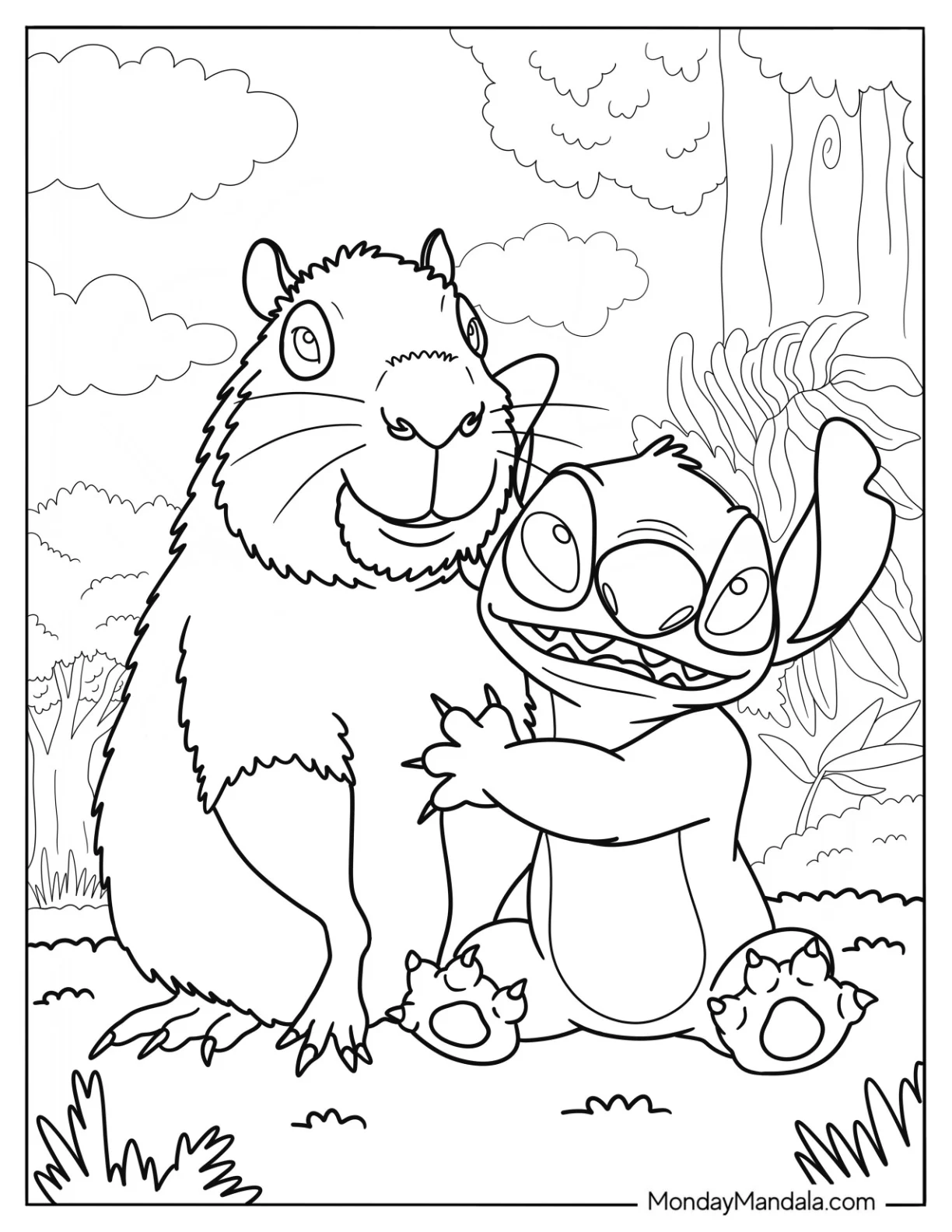 Stitch Hugging A Furry Capybara Coloring Page For Kids coloring page