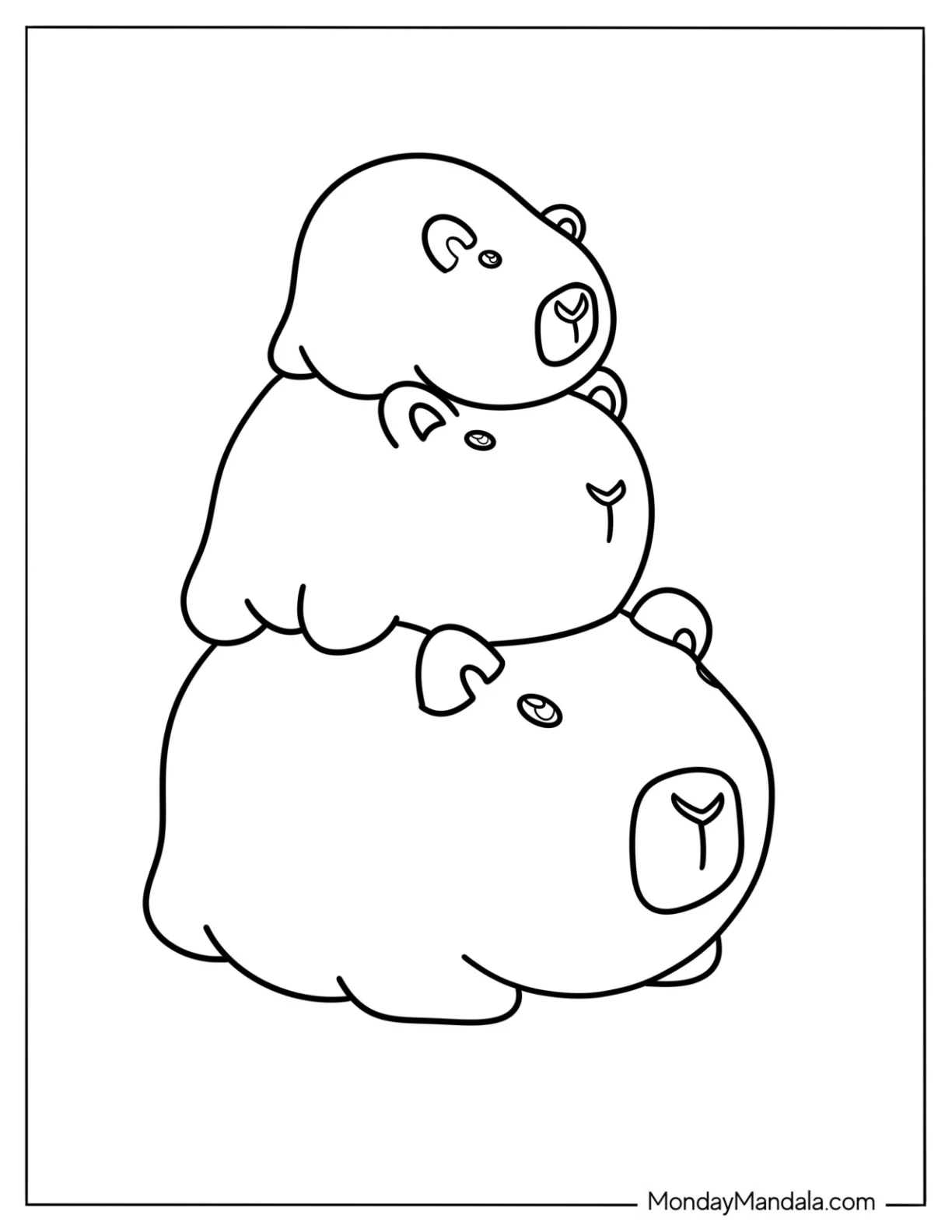 Three Capybara Coloring Page Piled On Top Of Each Other For Preschoolers coloring page