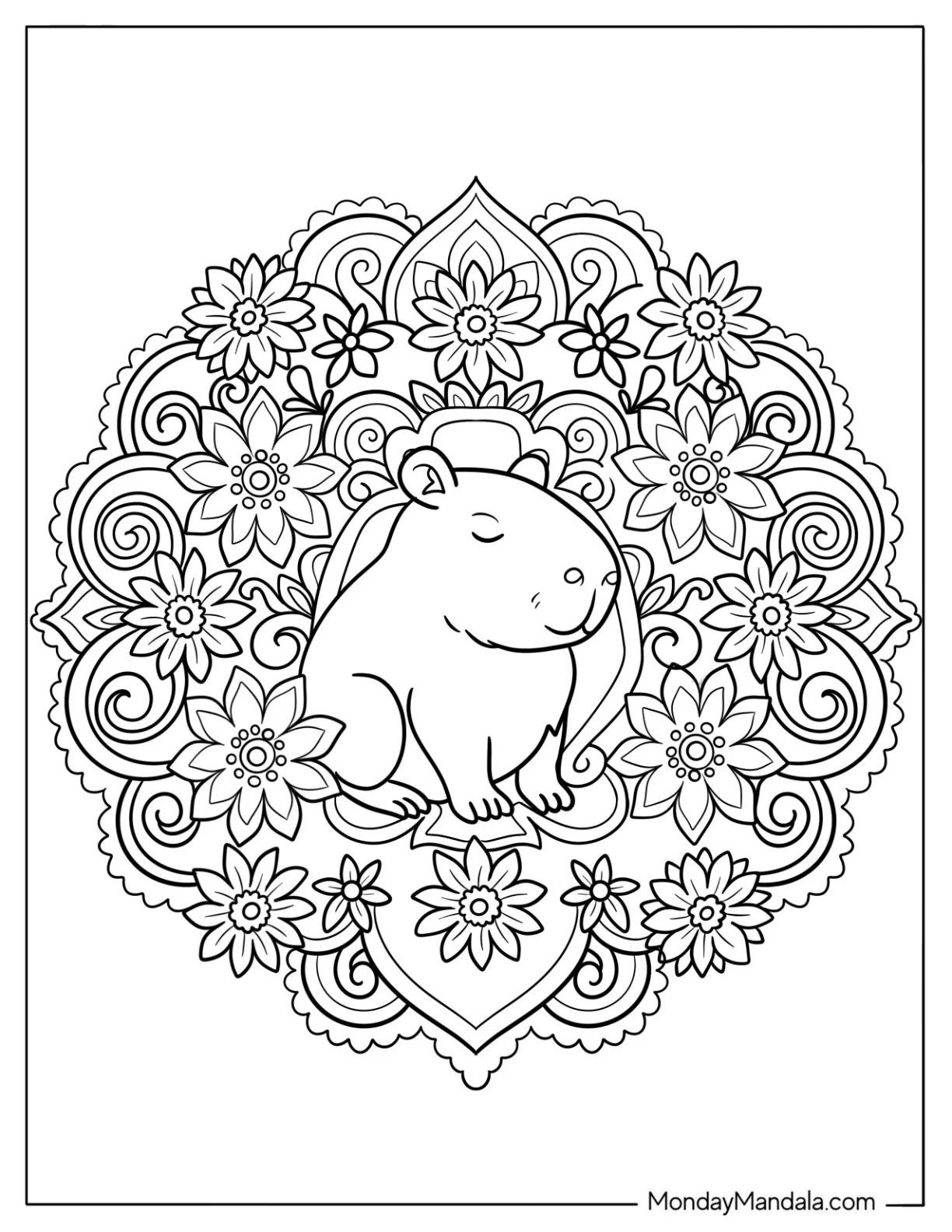 Zen Capybara Coloring Page Sitting in Floral Mandala coloring page