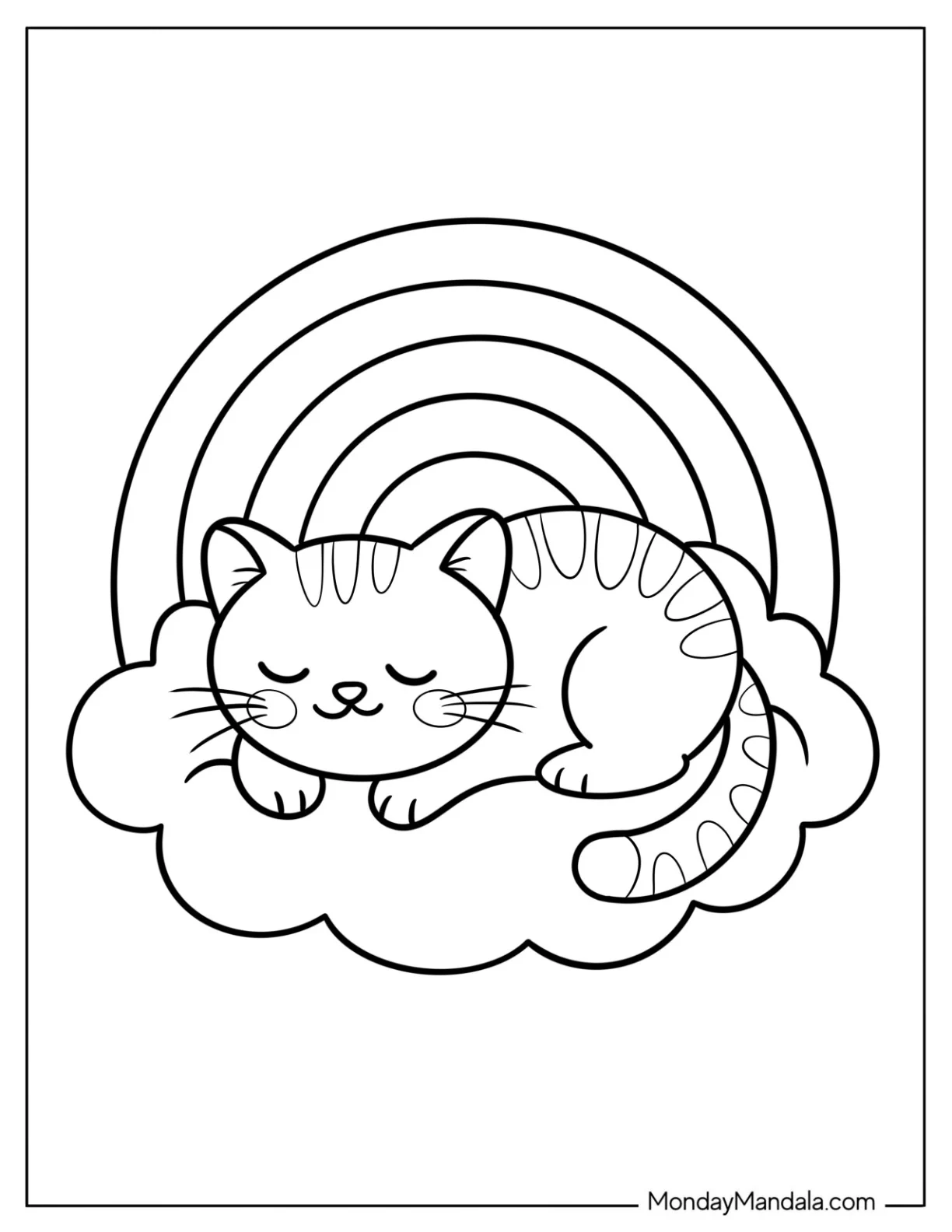 Adorable Cat Coloring Page Sleeping on a Cloud with a Rainbow for Preschoolers coloring page — printable line art
