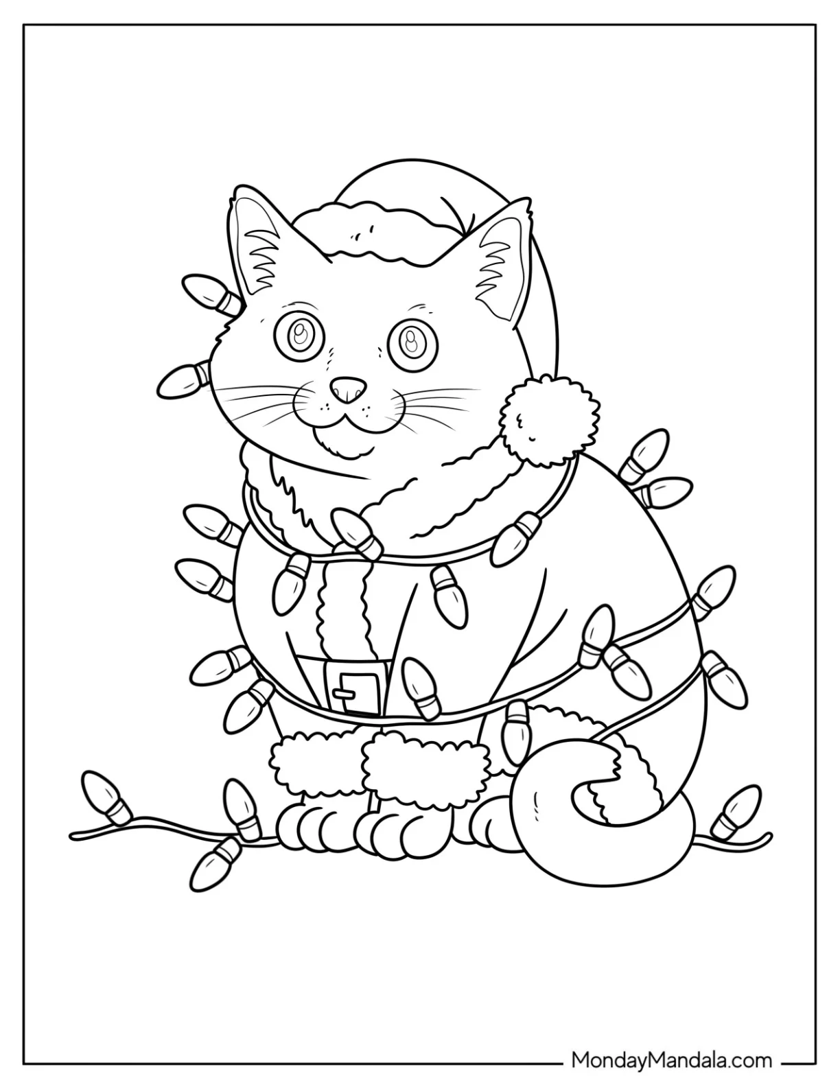 Adorable Christmas Cat Coloring Page in Santa Suit Wrapped in Holiday Lights for Kids coloring page — printable line art