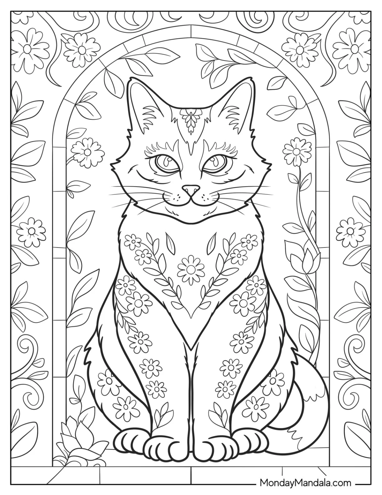 Artistic Cat Coloring Page with Ornamental Floral Details and Garden Frame coloring page
