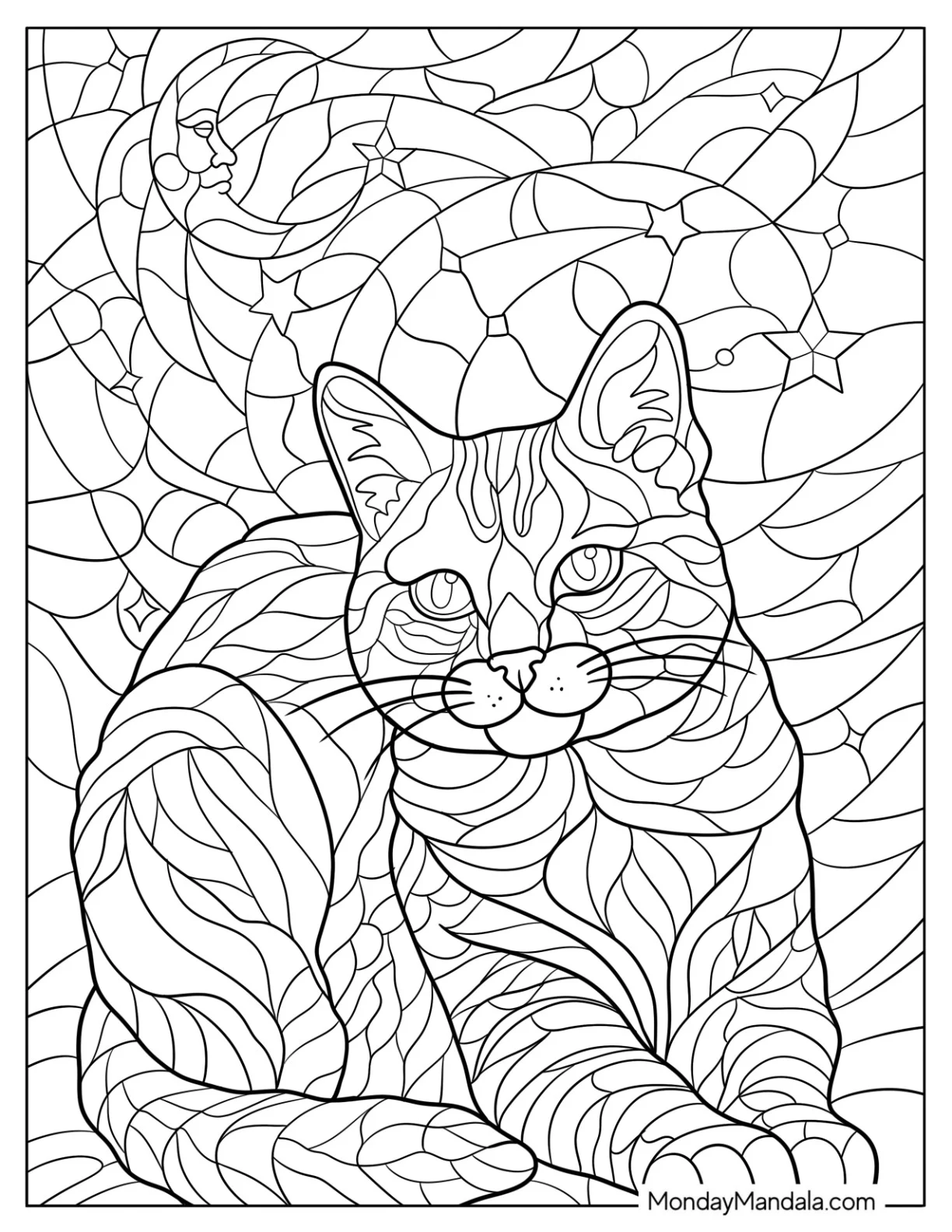 Artistic Stained Glass Cat Coloring Page with Swirling Background coloring page — printable line art